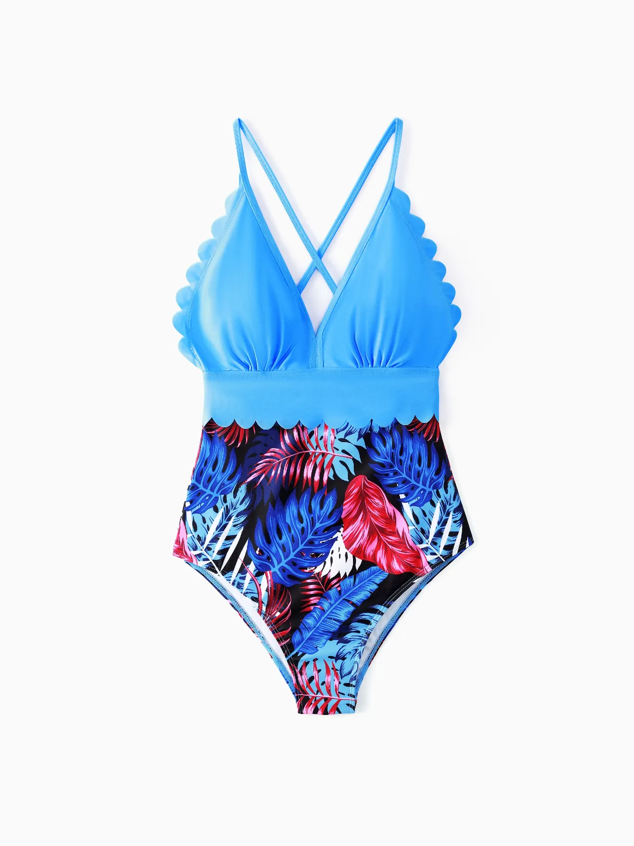 

Family Matching Blue Floral Drawstring Swim Trunks or Shell Trim Spliced One-Piece Swimsuit