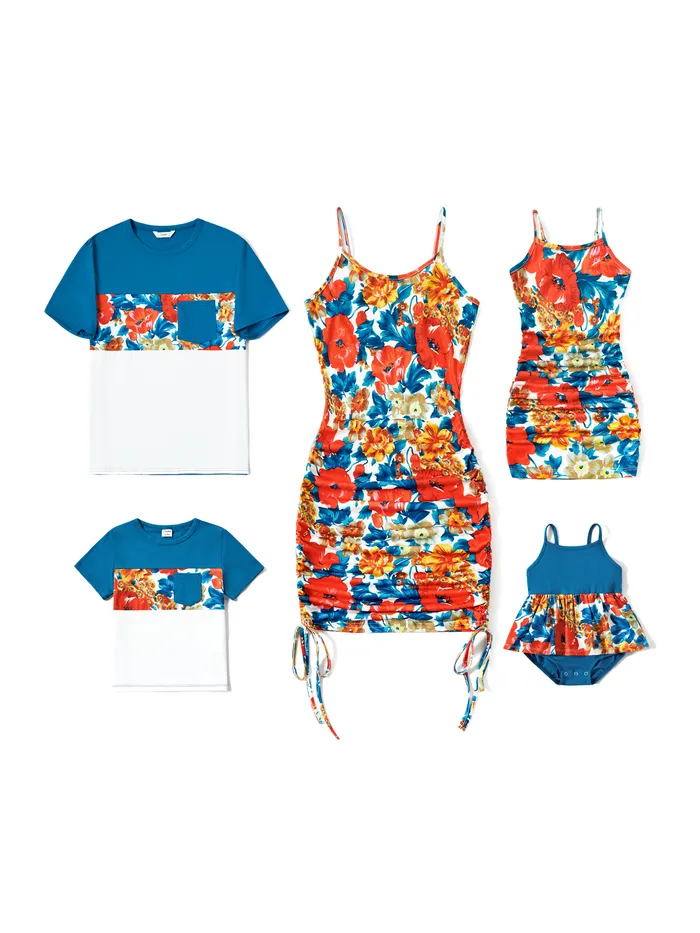 Conjuntos de camiseta familiar con paneles florales a juego y vestidos con tirantes ajustados laterales fruncidos