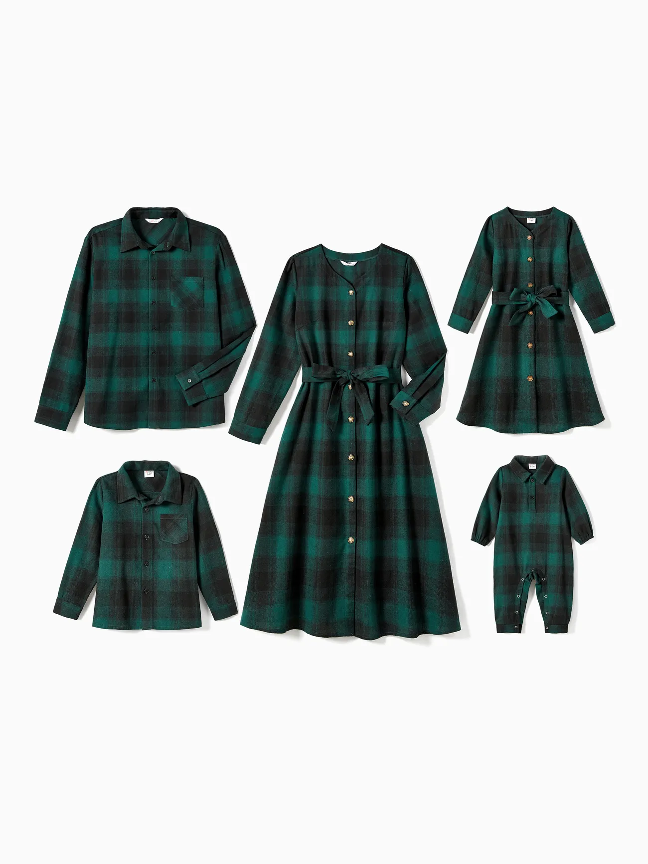 Family Matching Casual Grid/Houndstooth Long-sleeve Dresses & Tops Sets - Dark Green - image 1
