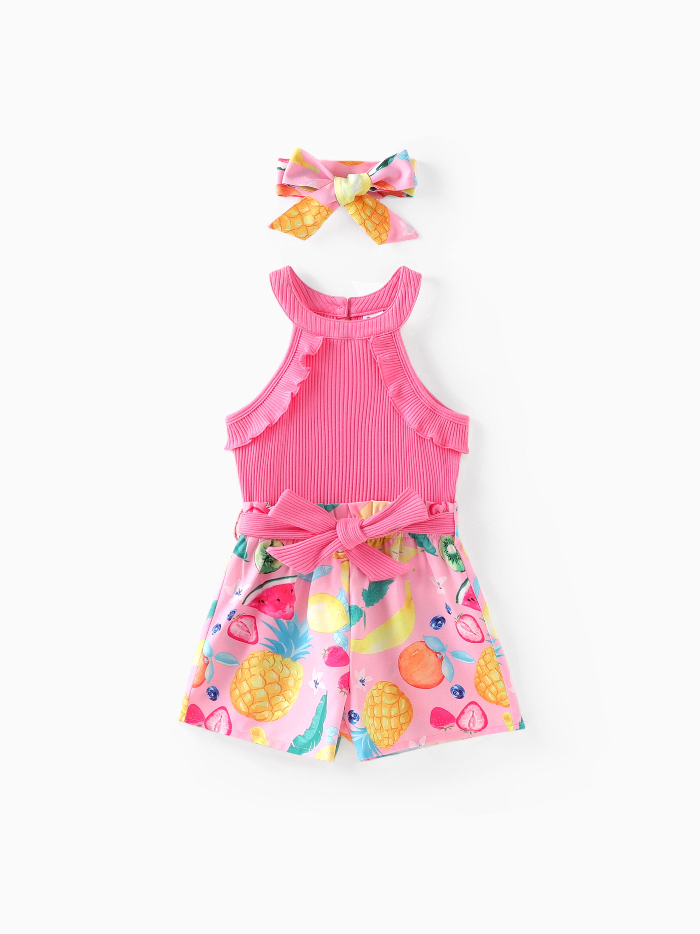 

Kid Girl Fruit Print Halterneck Ruffled Jumpsuit with Headband