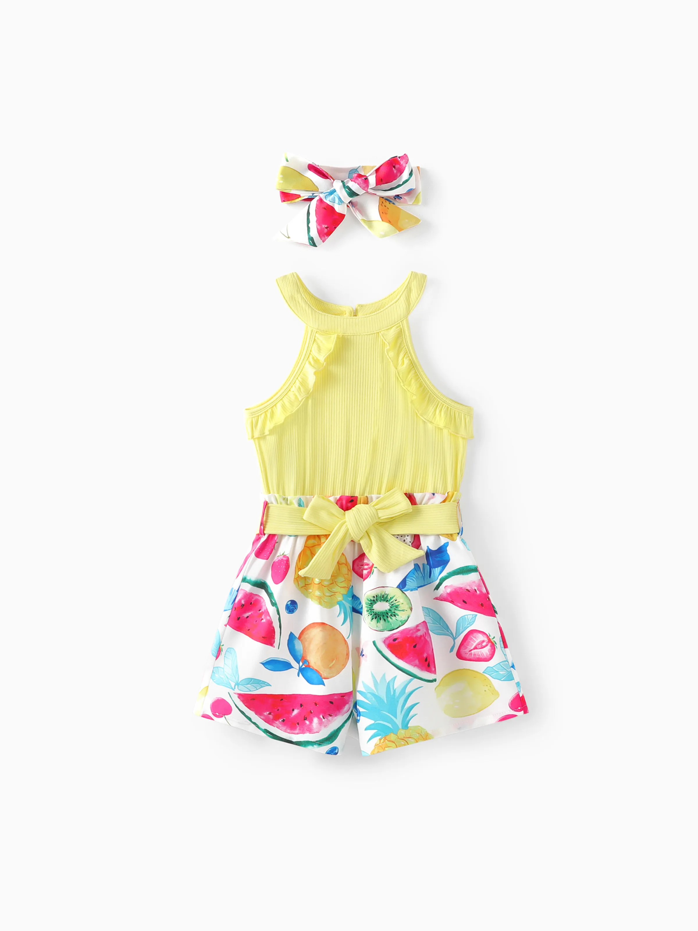 Mono con volantes de cuello halter con estampado de frutas para niña con diadema