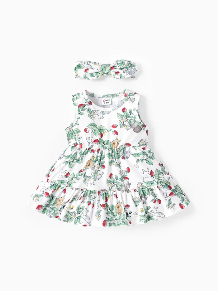 Baby Girl Rabbit＆Floral Print Ruffled Dress with Headband