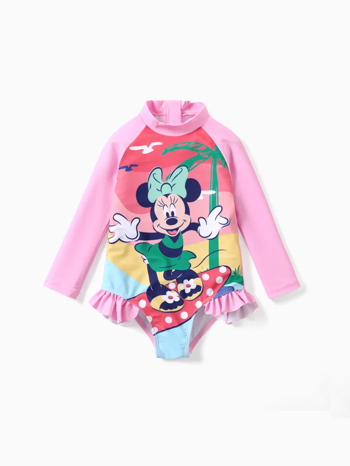 Disney Mickey and Friends 1pc Toddler/Kids Girls Character Print Ruffled Long-Sleeve Swimsuit
