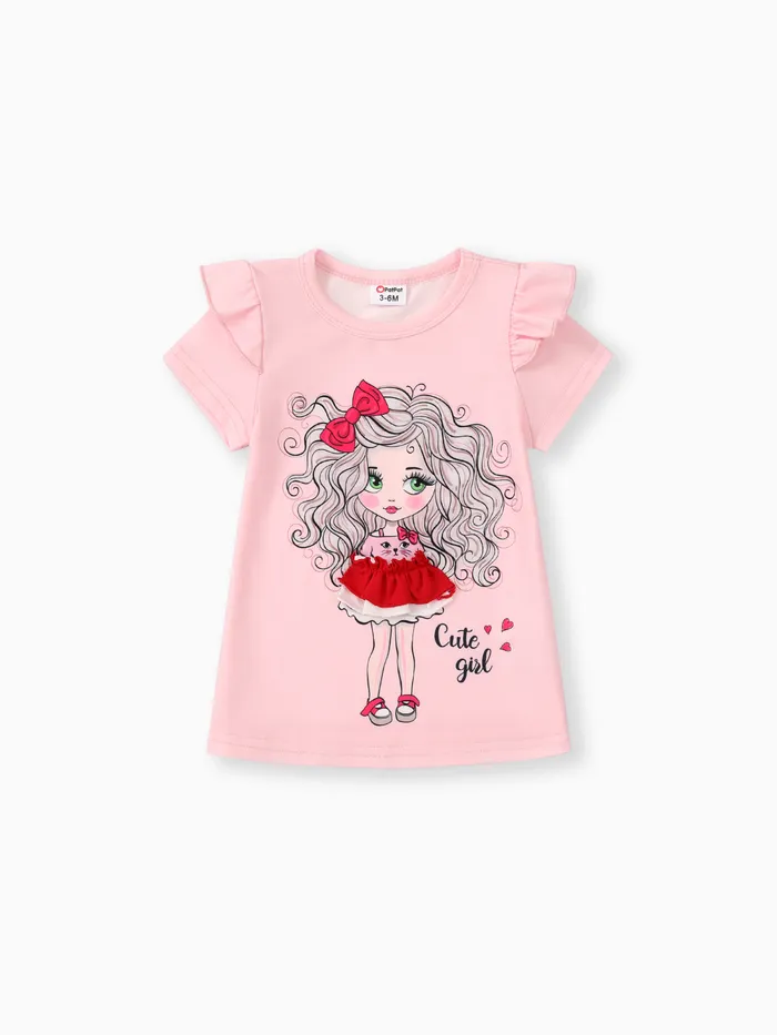 Baby Girl Character Print Flutter-sleeve Dress