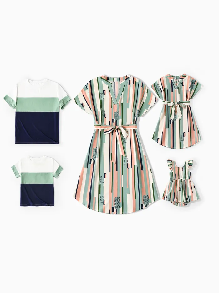 Family Matching Geometric Striped V Neck Drop Shoulder Belted Dresses and Colorblock Short-sleeve T-shirts Sets