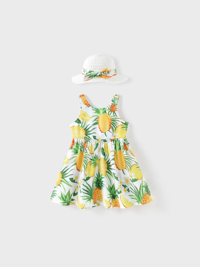 Toddler Girl 2pcs Pineapple Print Sleeveless Dress with Hat Set