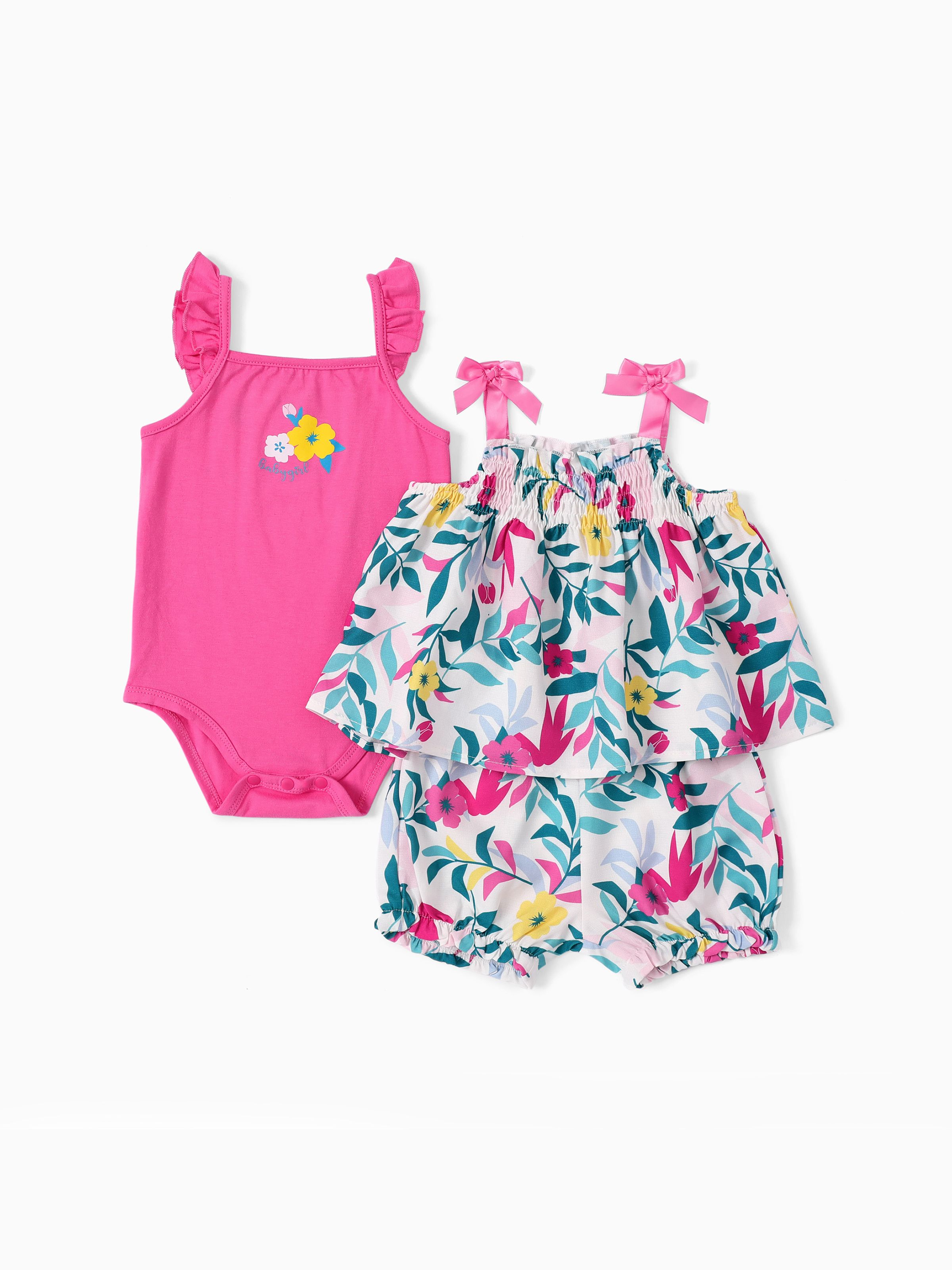 

Baby Girl 3pcs Ruffled Romper and Floral Print Cami Top and Shorts Set