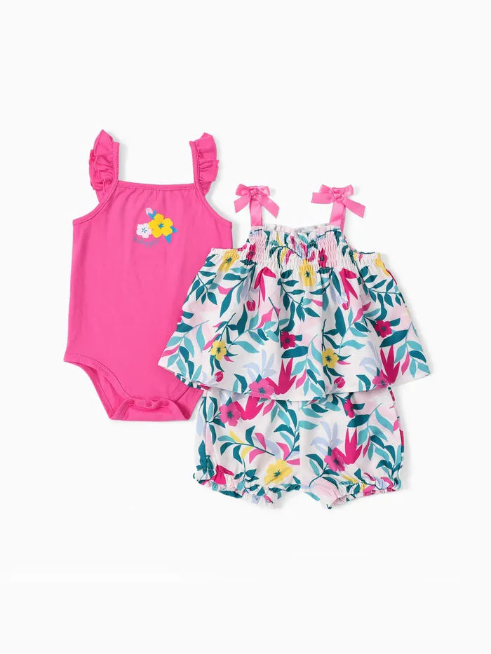 Baby Girl 3pcs Ruffled Romper and Floral Print Cami Top and Shorts Set