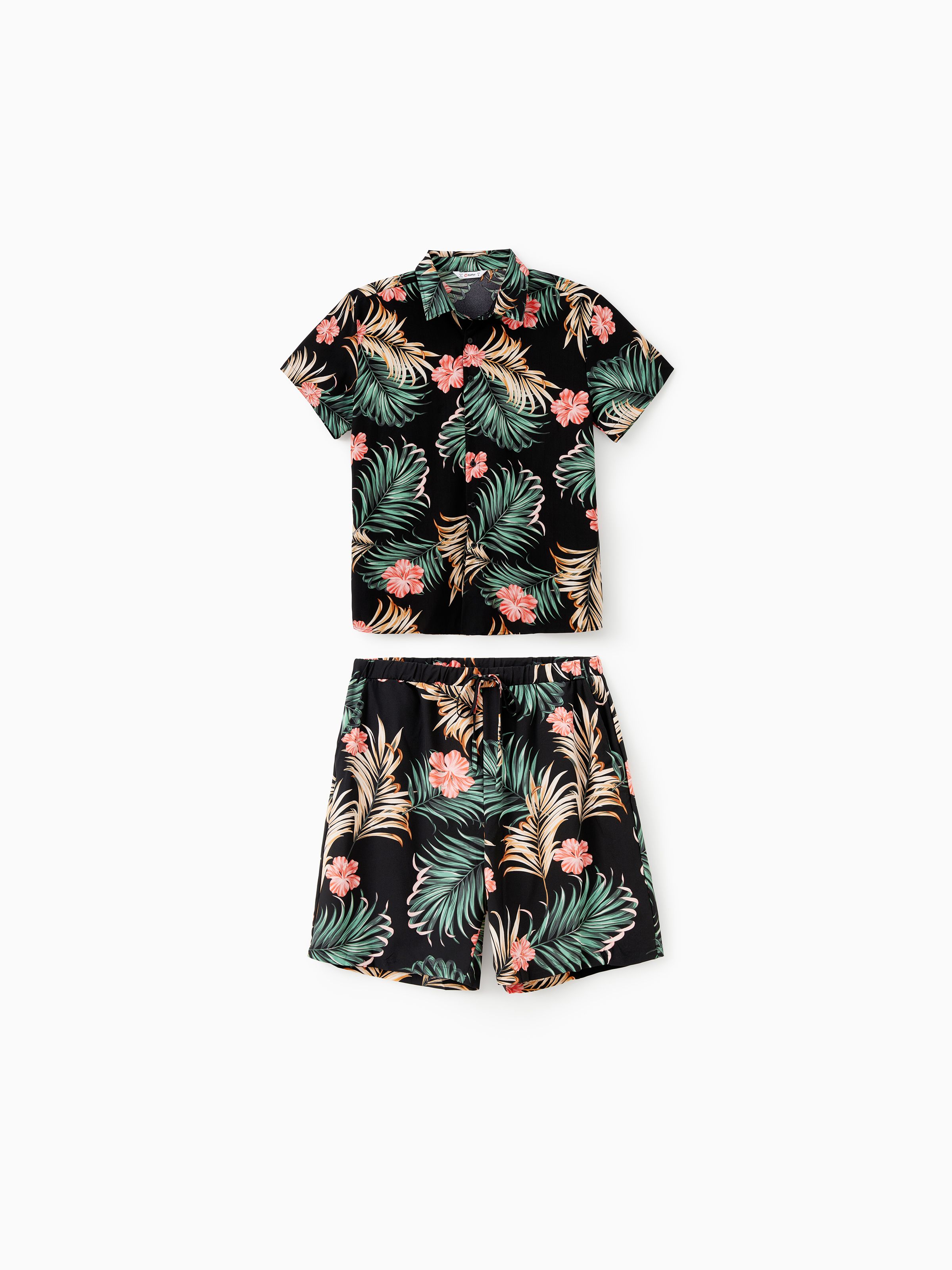 

Family Matching Co-ord Sets Tropical Floral and Leaf Printed Beach Shirt and Drawstring Shorts with Pockets
