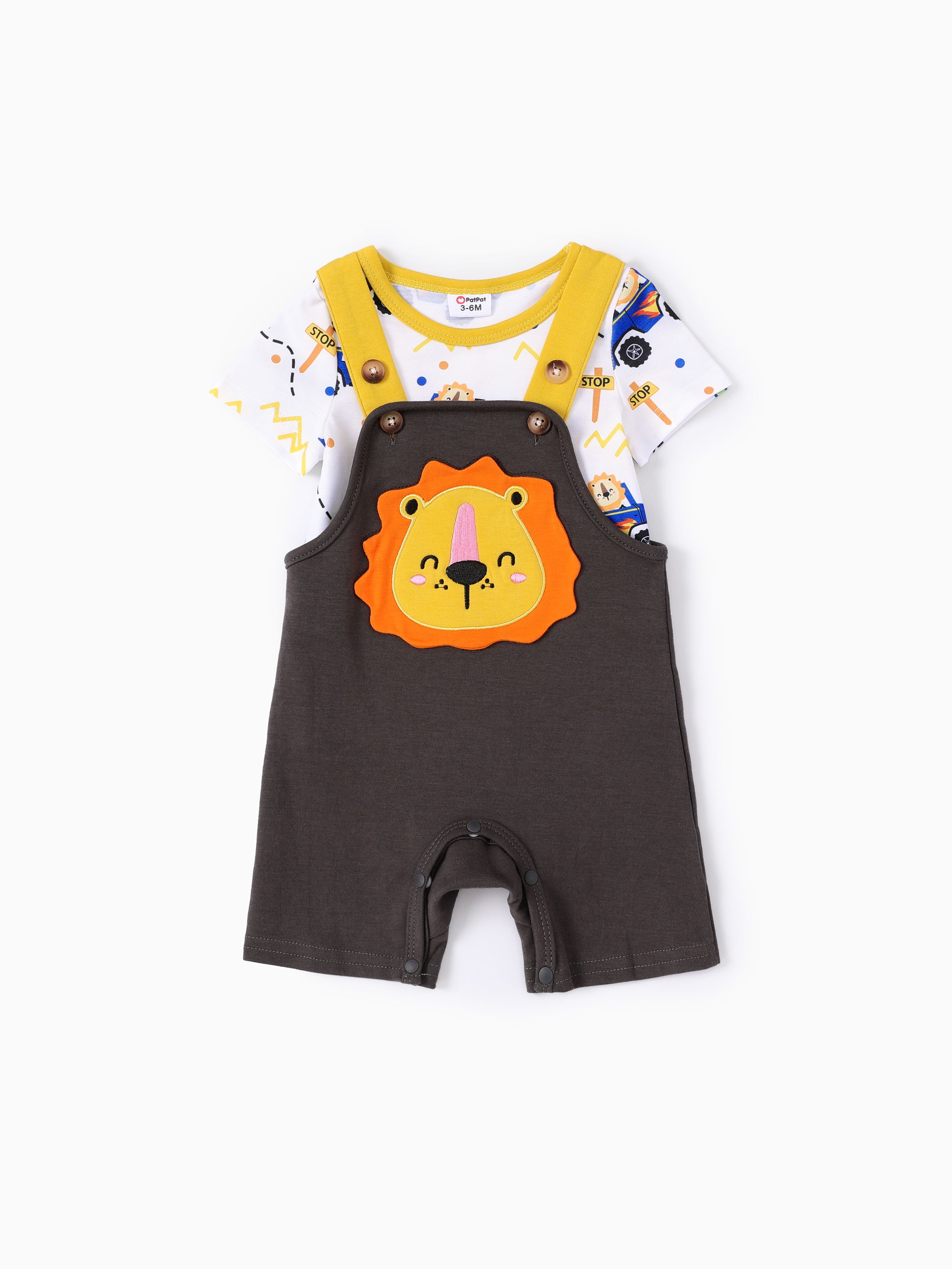 

Baby Boy 2pcs Lion Print Romper and Lion Embroidery Overalls Set