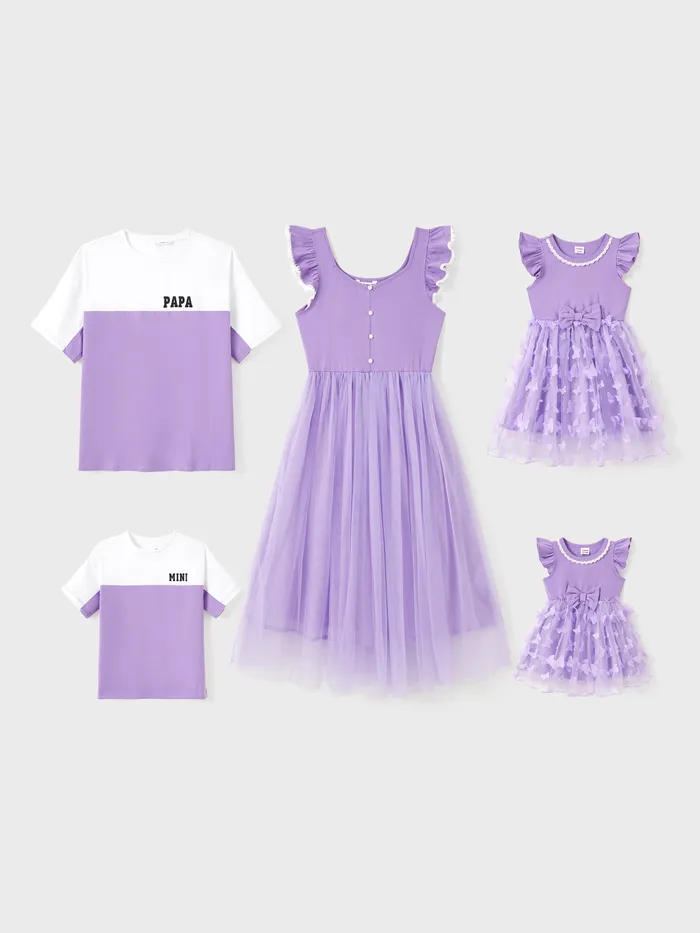 Family Matching Purple Colorblock T-shirt and Button Ruffle Sleeves Spliced Mesh Dress Sets