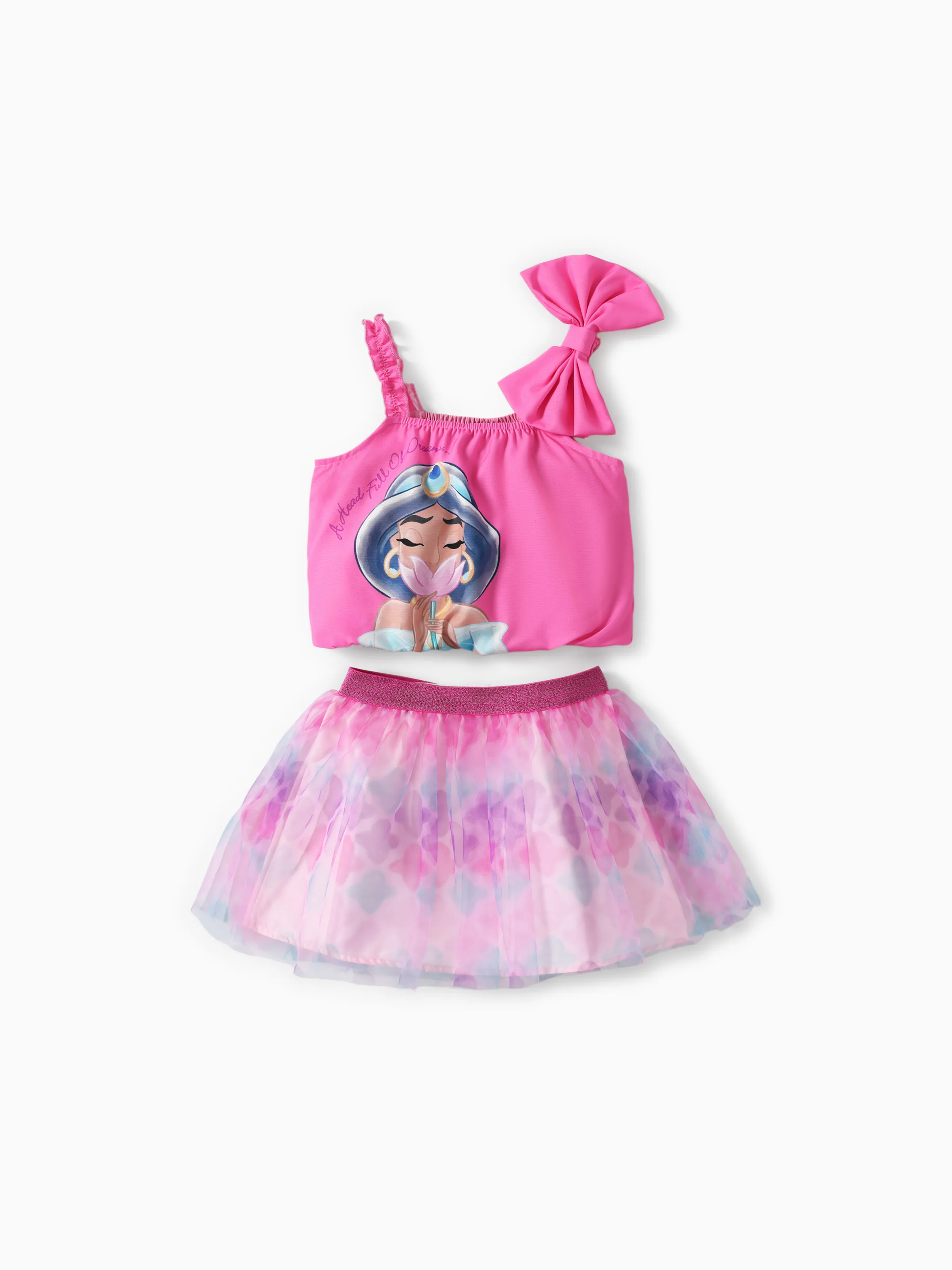 

Disney Princess Ariel/Jasmine 2pcs Toddler Girls Character Print Bowknot Sleeve Top with Mesh Skirt Set