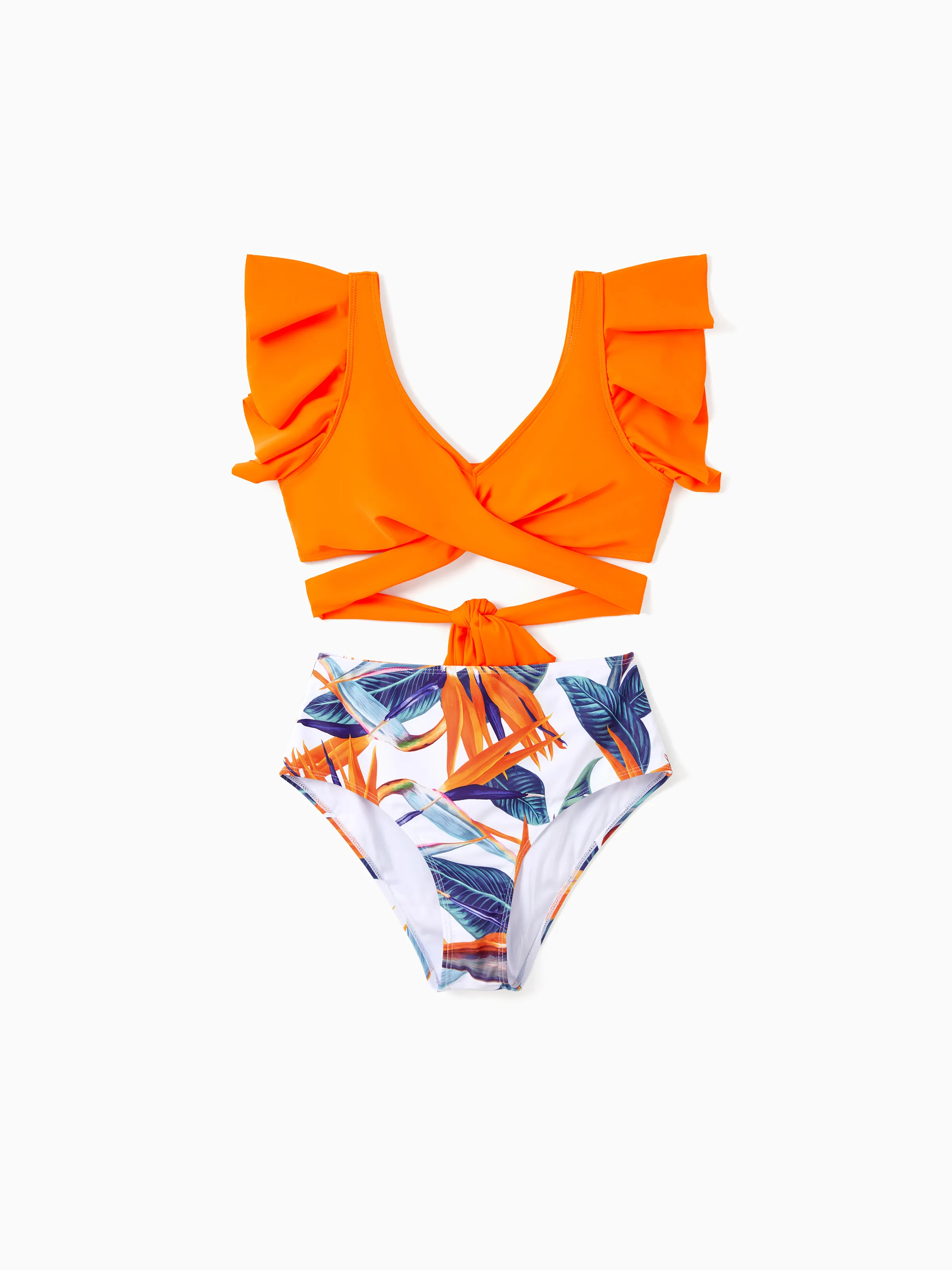 Maillot De Bain à Cordon De Serrage Assorti à La Famille Ou Bikini Croisé à Manches à Volants à Fleurs Orange