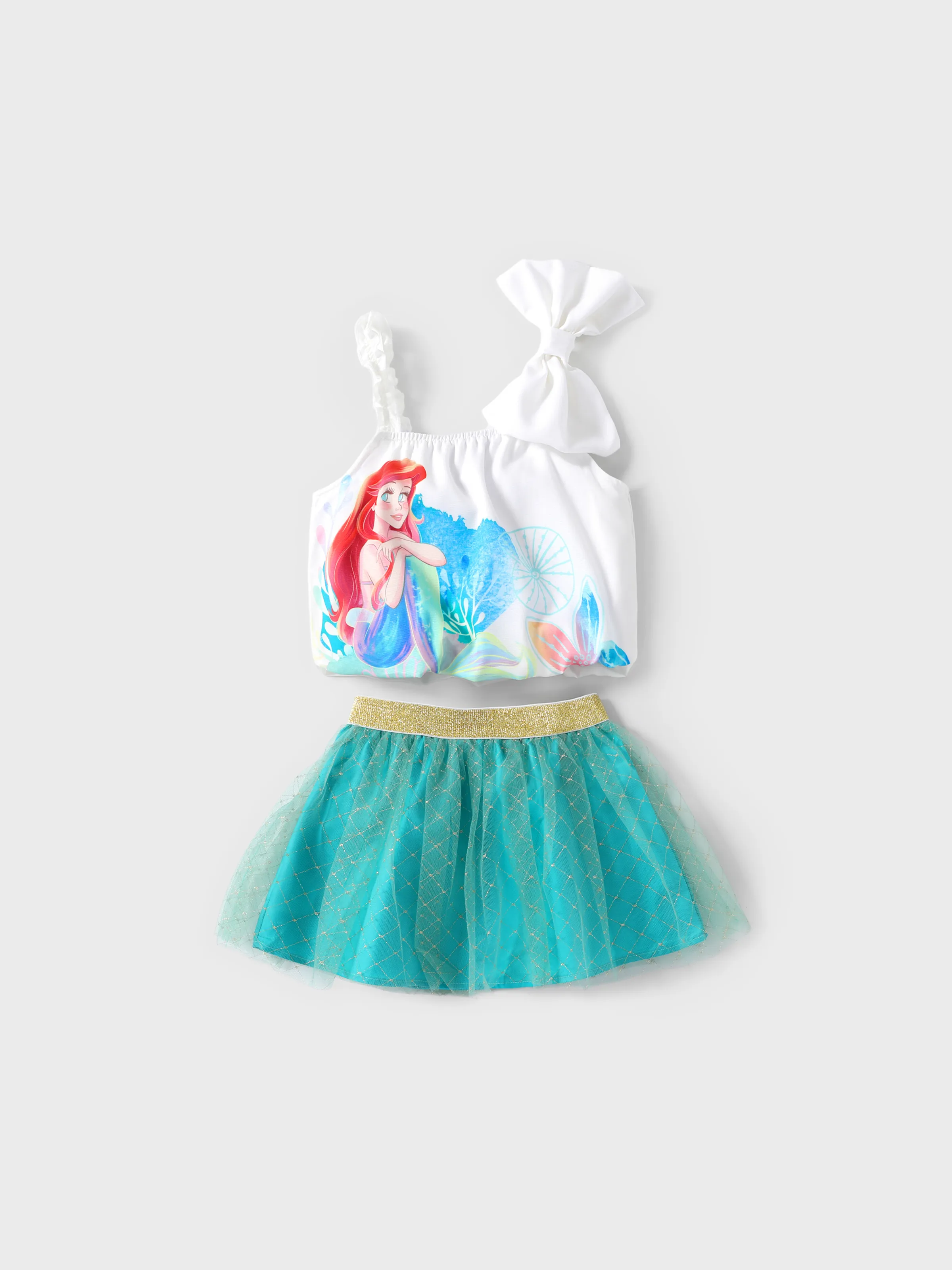 Disney Princess Ariel/Jasmine 2pcs Toddler Girls Character Print Bowknot Sleeve Top with Mesh Skirt Set
