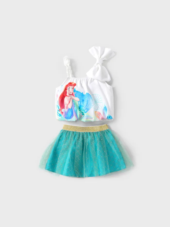 Disney Princess Ariel/Jasmine 2pcs Toddler Girls Character Print Bowknot Sleeve Top con Conjunto de Falda de Malla
