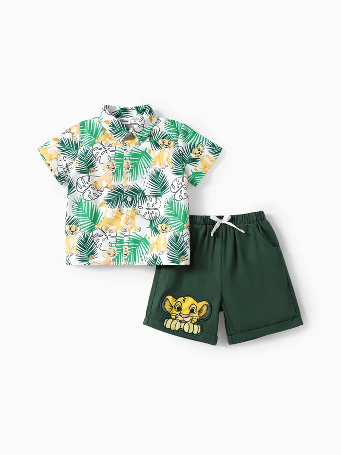 迪士尼獅子王蹣跚學步男孩辛巴 2 件熱帶植物印花棉質 T 恤帶貼片刺繡短褲套裝