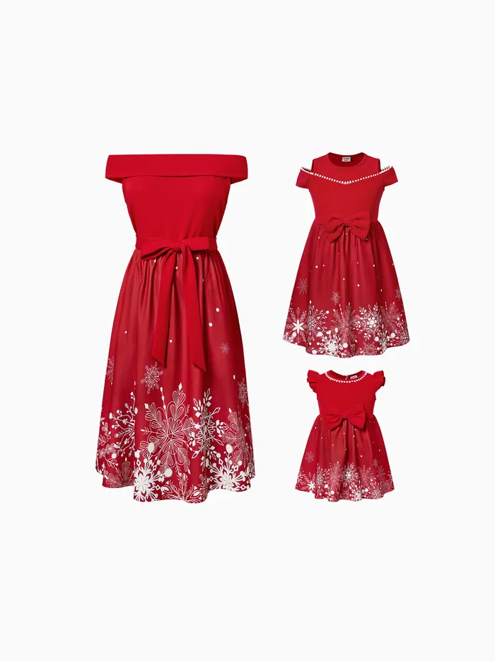 Mommy & Me Snowflake Print Red Off-shoulder/Open-shoulder Sleeveless Dresses