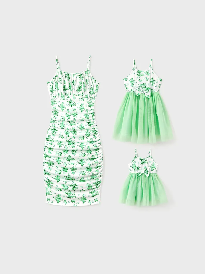 Mommy and Me Verde Floral Ruched Bodycon Strap Dress ou Spliced Mesh Strap Dress