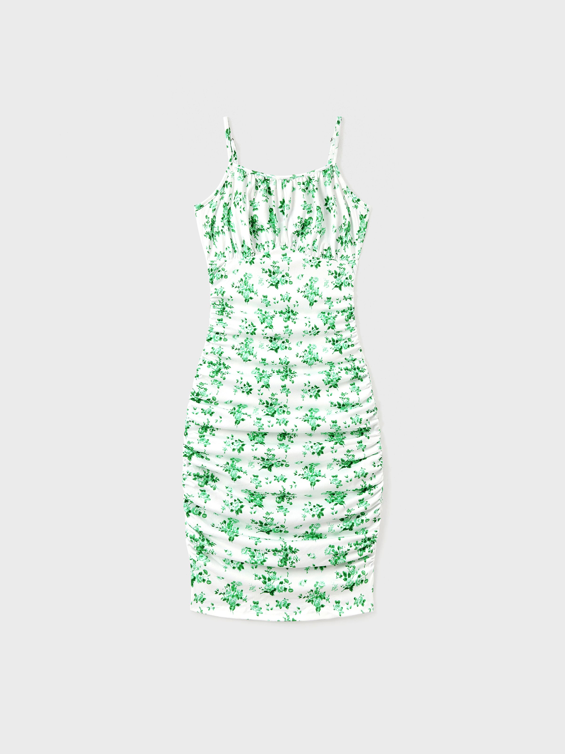 

Mommy and Me Green Floral Ruched Bodycon Strap Dress or Spliced Mesh Strap Dress