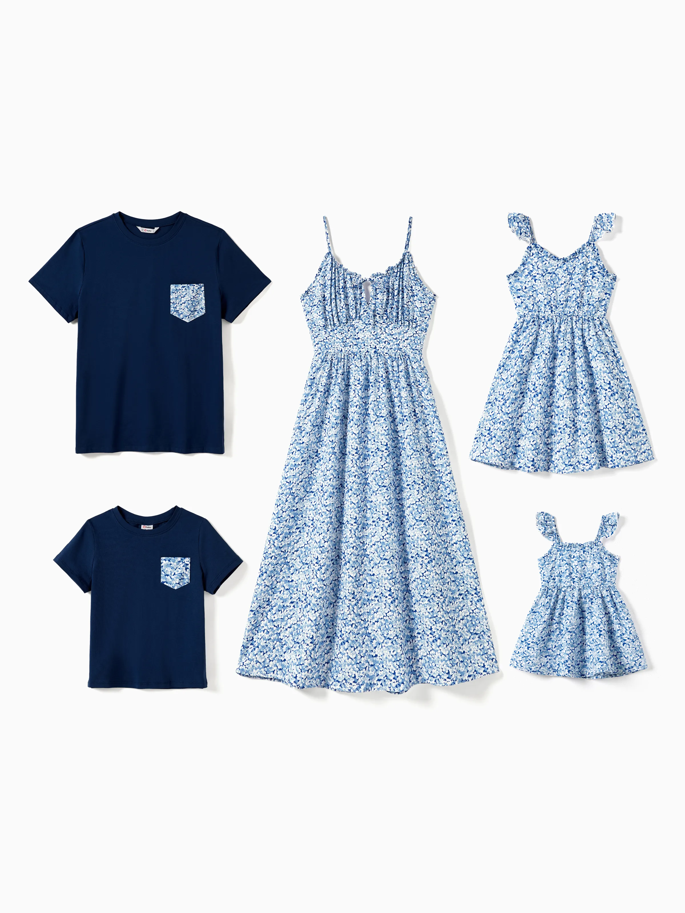 Family Matching Ditsy Floral Split Neck Ruched Bust Strap Dress and Navy Blue Tee Sets