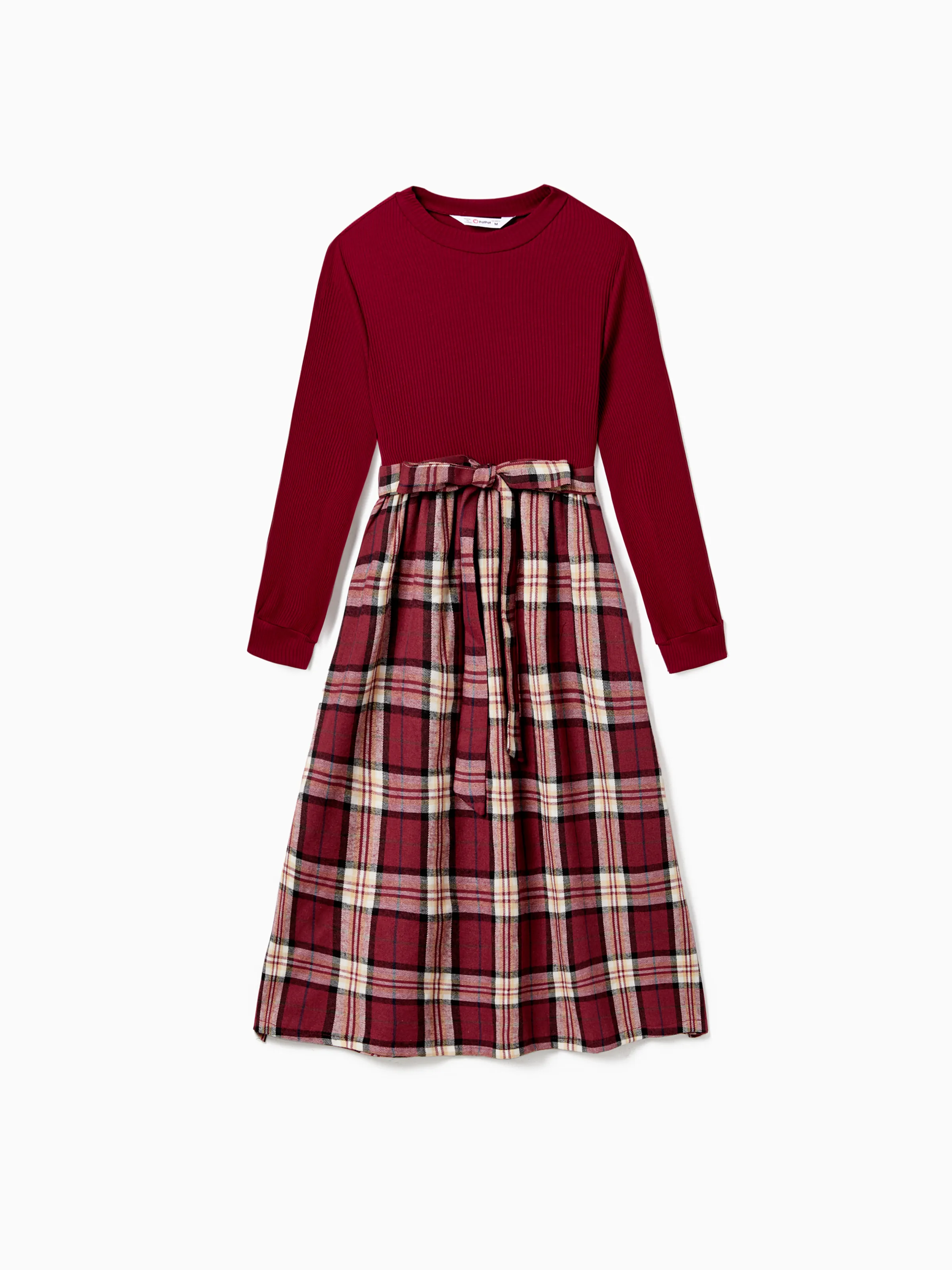 

Family Matching Casual Long-sleeve Grid/Houndstooth Patch Pocket Shirts and Fabric Splicing Belted Dresses Sets