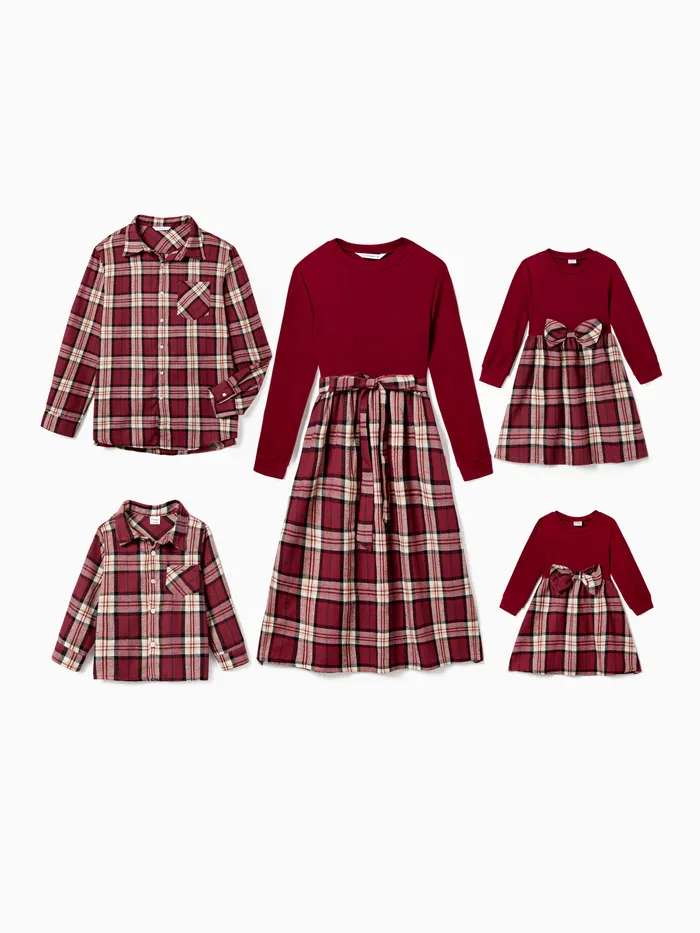 Family Matching Casual Long-sleeve Grid/Houndstooth Patch Pocket Shirts and Fabric Splicing Belted Dresses Sets