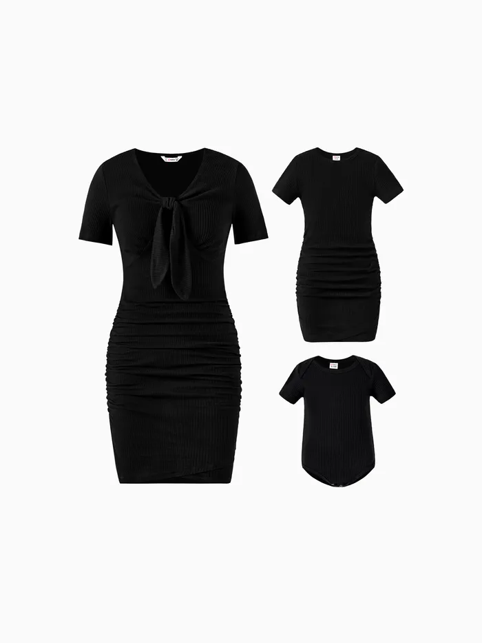 Mommy and Me Dresses - Black Ribbed Tie Neck Ruched Bodycon Dress (Short-Sleeve)