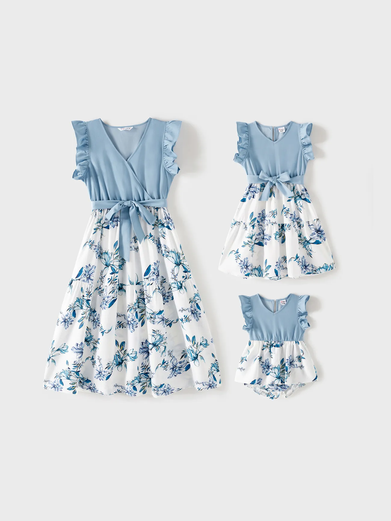 Mommy and Me Floral Print Spliced Solid V Neck Ruffle Trim Sleeveless Dresses