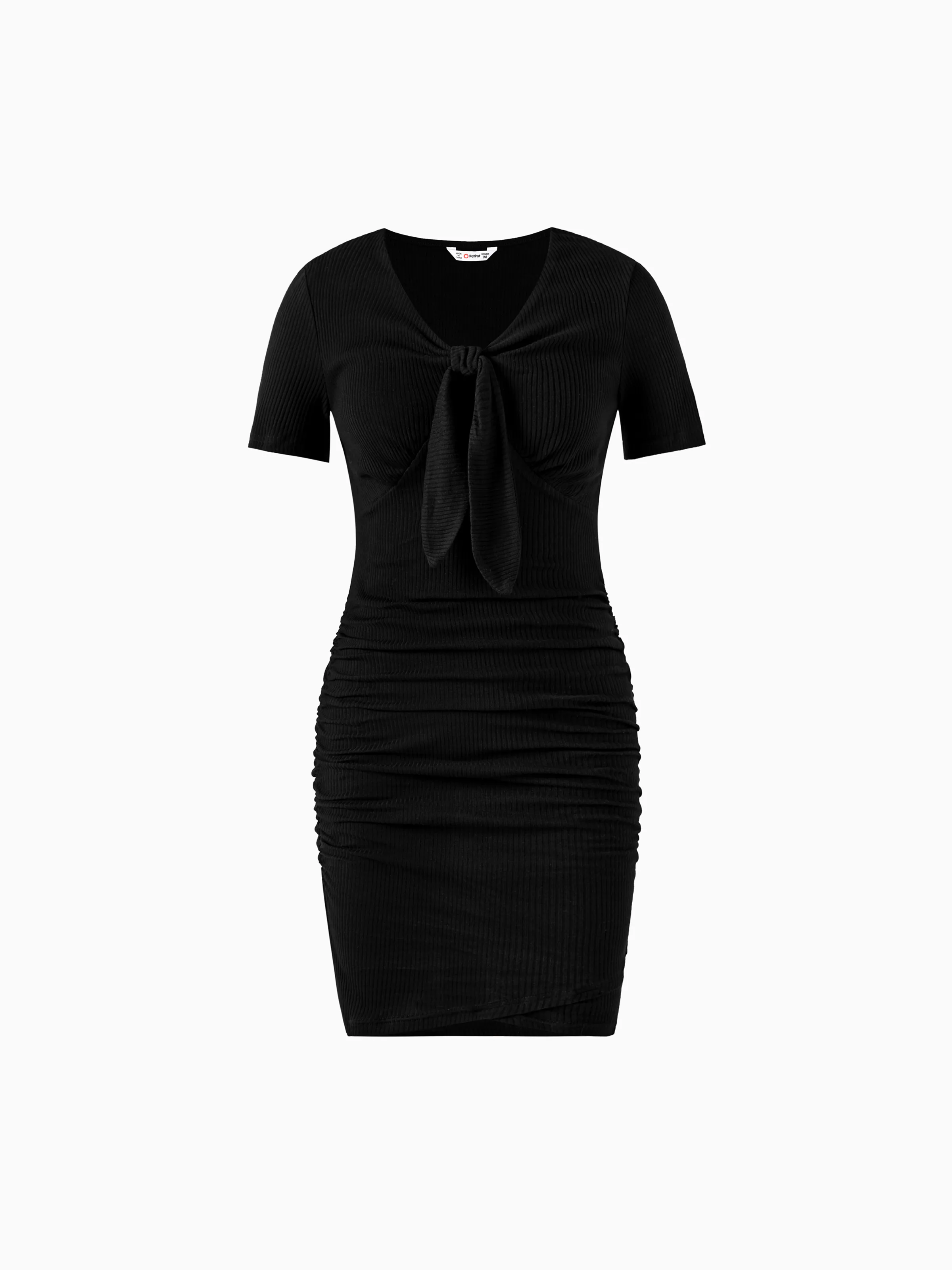 

Mommy and Me Short-Sleeve Black Ribbed Tie Neck Ruched Bodycon Dress