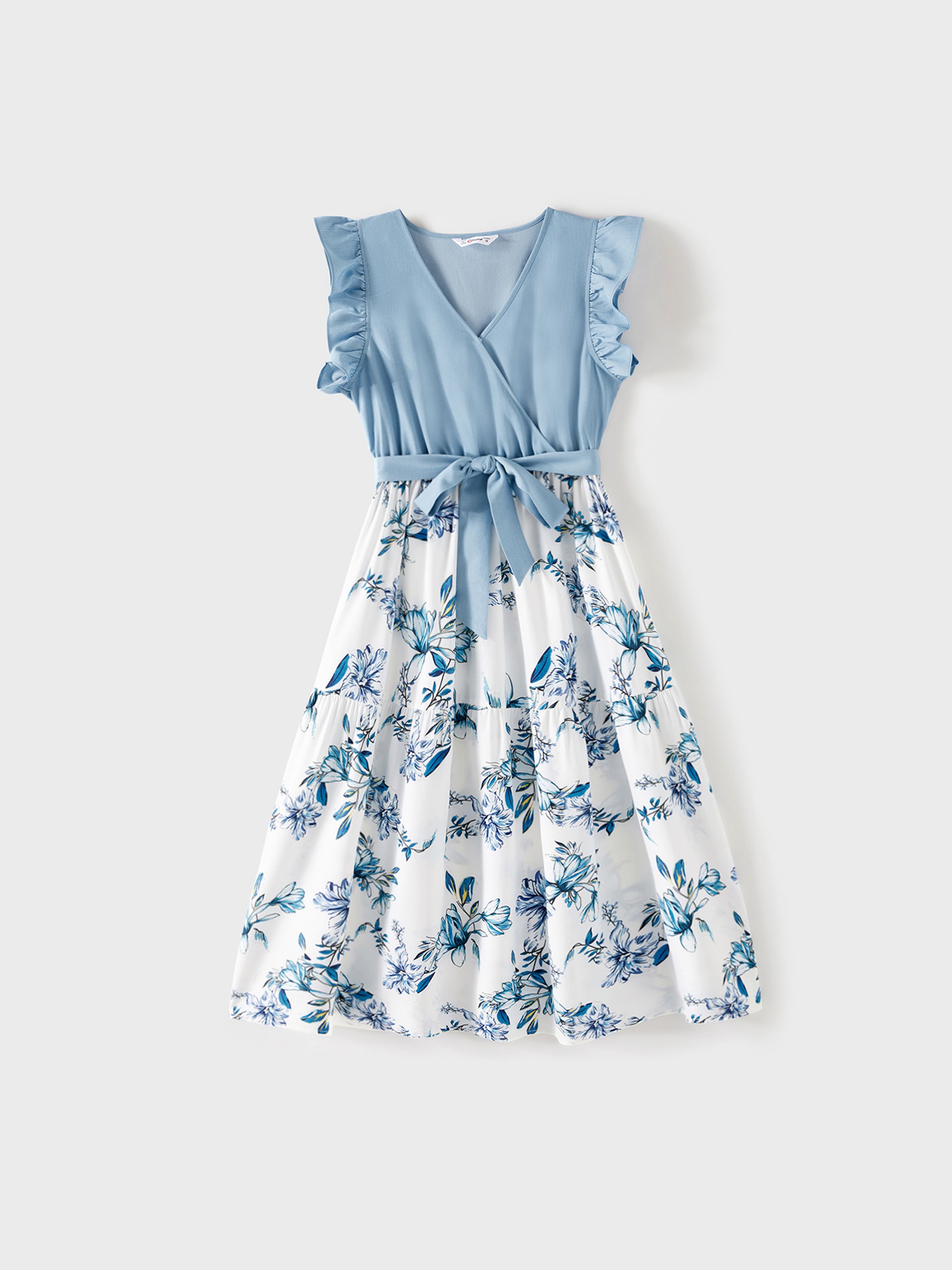 

Mommy and Me Floral Print Spliced Solid V Neck Ruffle Trim Sleeveless Dresses