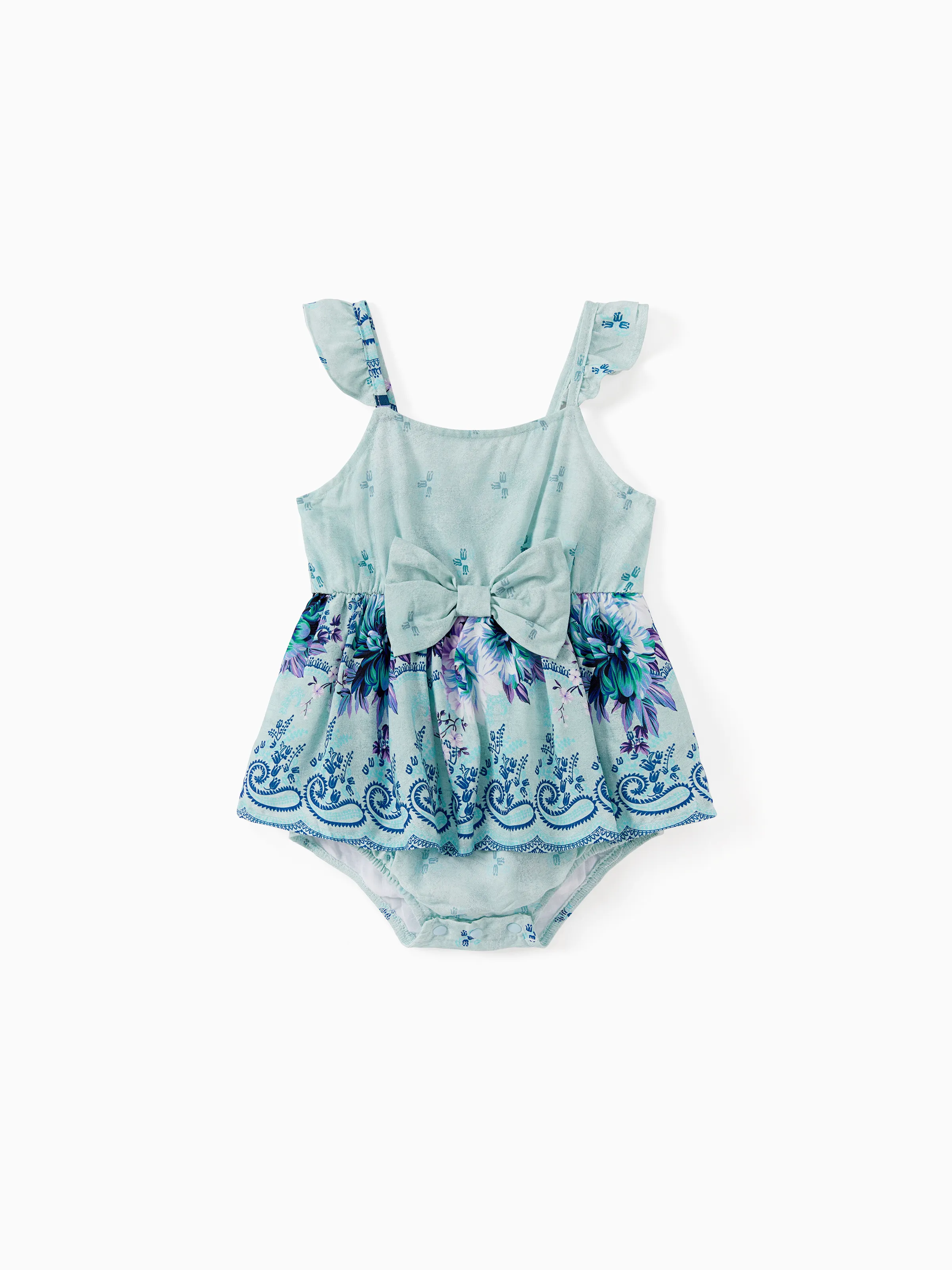 

Family Matching Light Blue Tee and Flowy Floral Shirred Back Belted Strap Dress