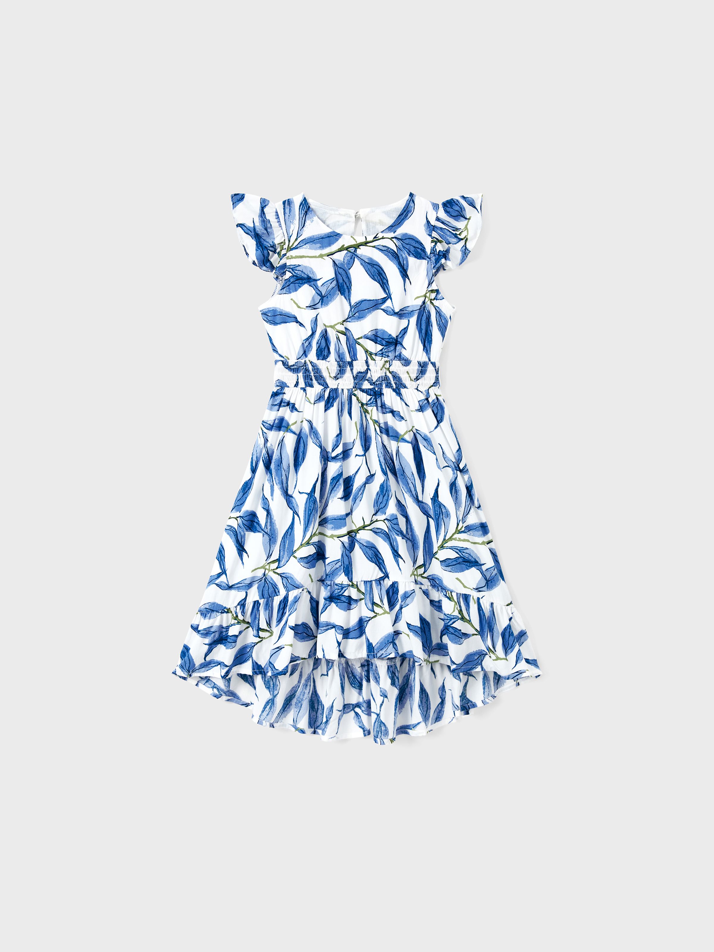 

Family Matching Sets Color Block/Solid Color Tee or Leaf Pattern Floral V-Neck Smocked Waist Hi-Low Dress