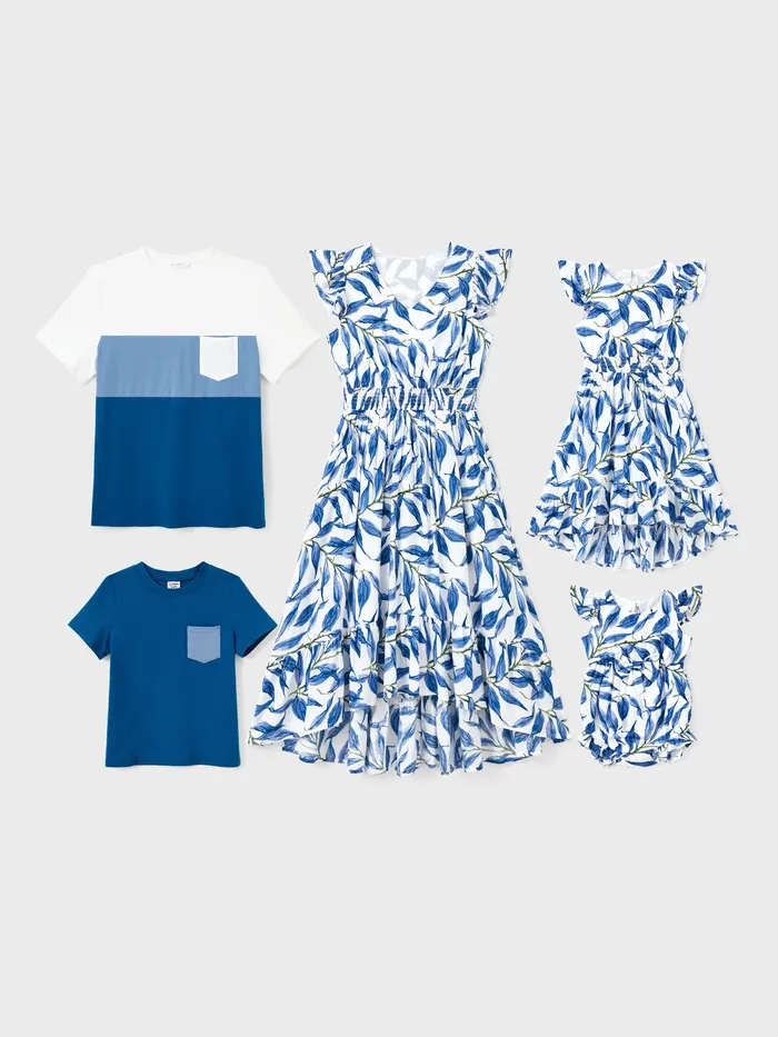 Family Matching Sets Color Block/Solid Color Tee or Leaf Pattern Floral V-Neck Smocked Waist Hi-Low Dress