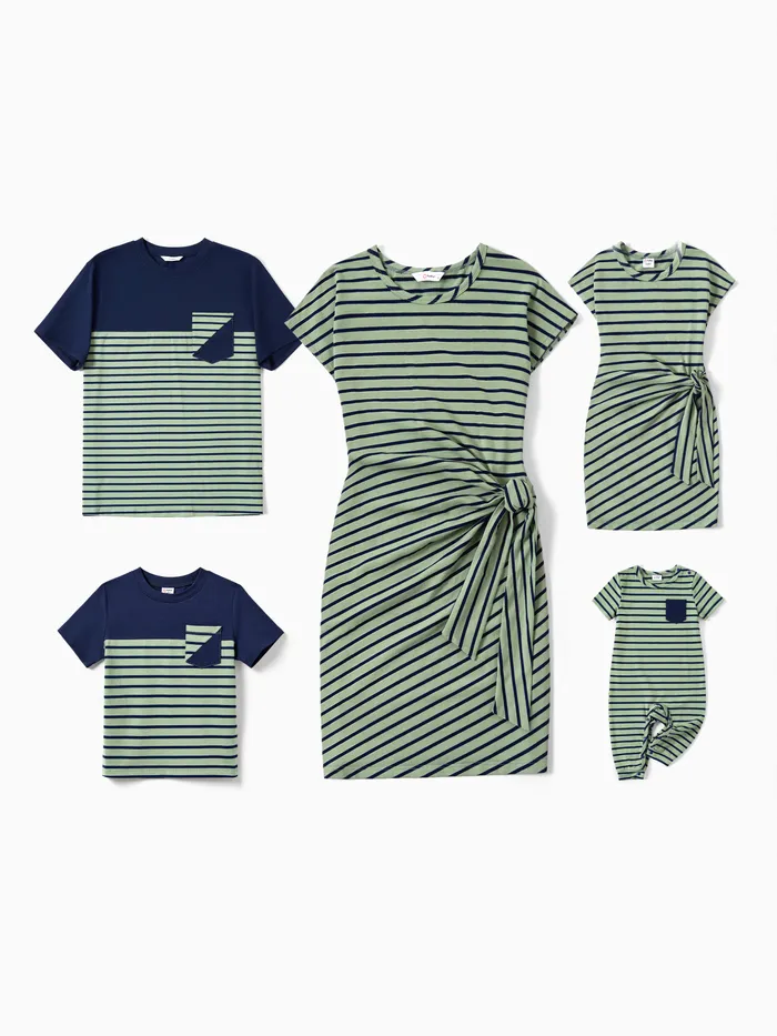 Family Matching Stripe Colorblock Tee and H-Line Side-Tie Dress Sets