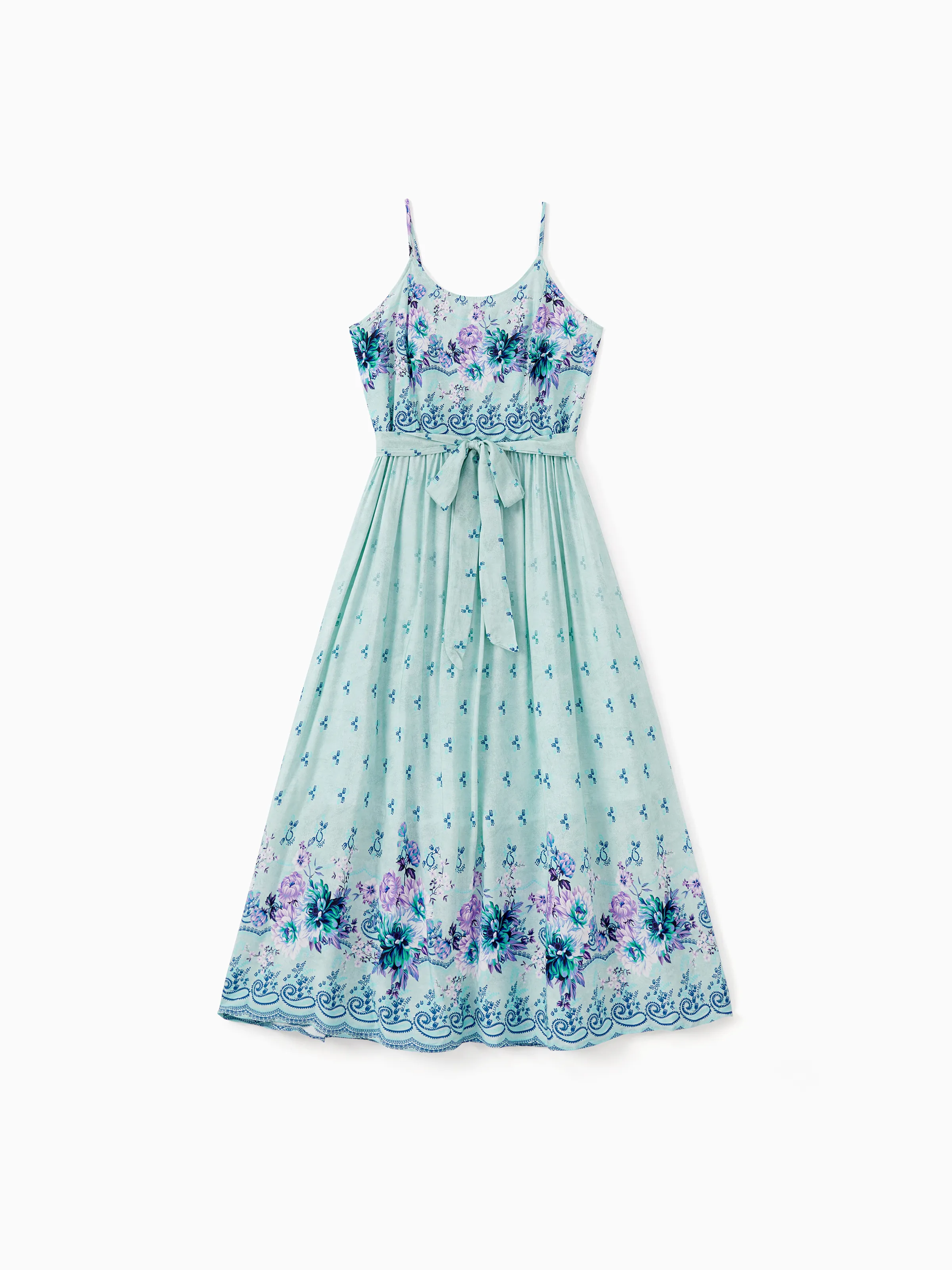 

Family Matching Light Blue Tee and Flowy Floral Shirred Back Belted Strap Dress