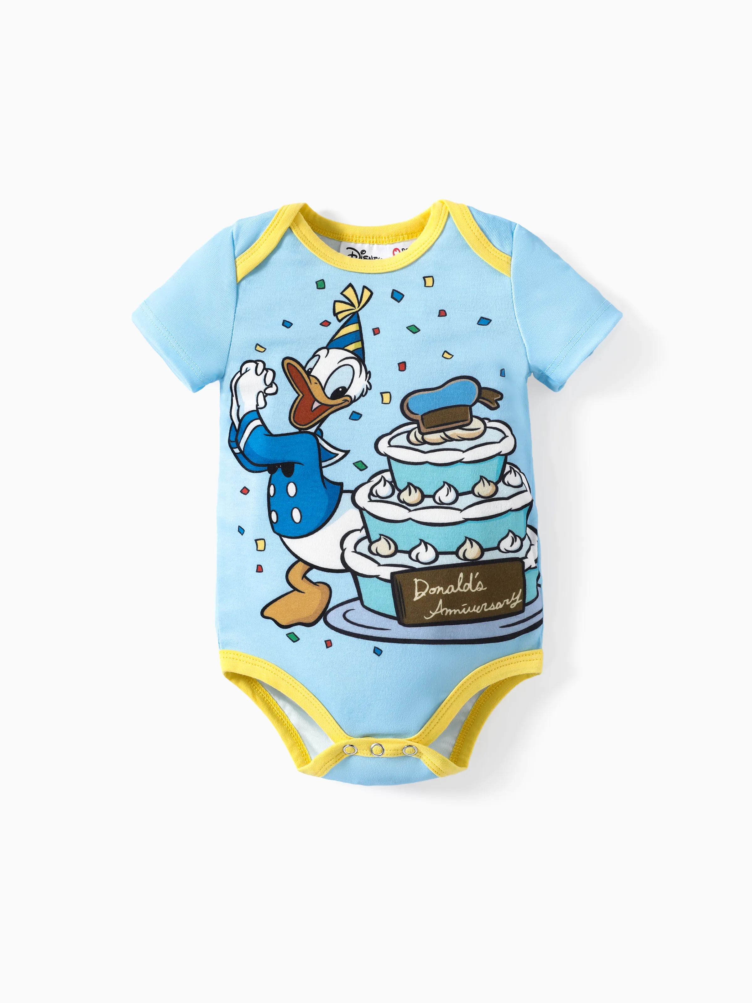 

Disney Mickey and Friends Baby Boys/Girls Donald Duck 1pc Naia™ 90's Birthday Cake Print Romper