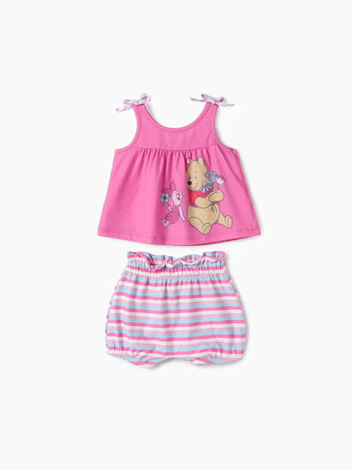 Disney Winnie the Pooth Baby Girls 2pcs Naia™ Personagem Floral Estampa sem mangas Laço gravata Top com Shorts listrado Set 
