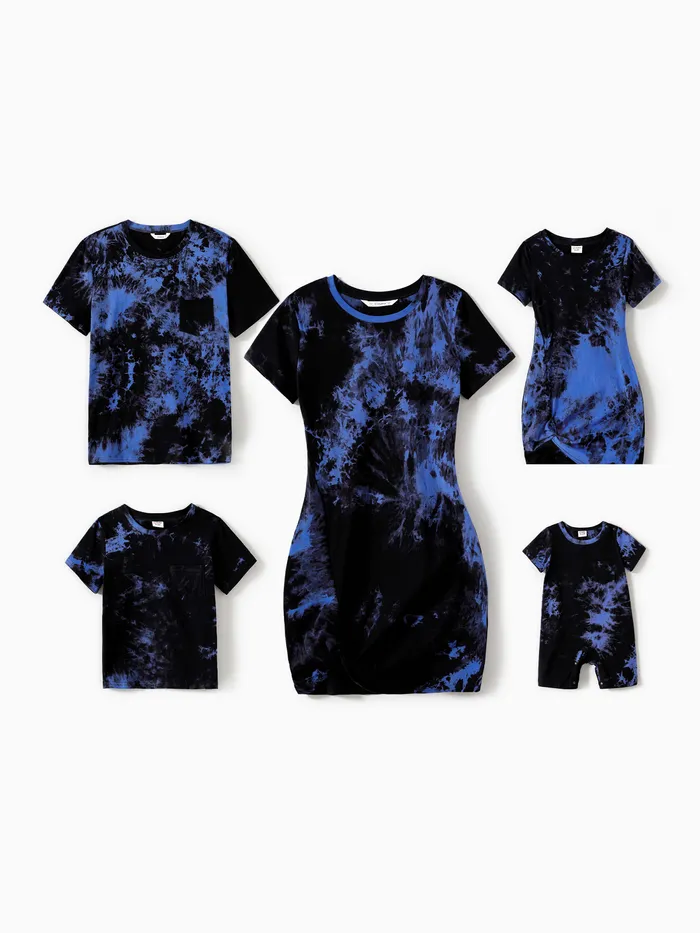 Family Matching 95% Cotton Short-sleeve Tie Dye Twist Knot Bodycon Dresses and T-shirts Sets