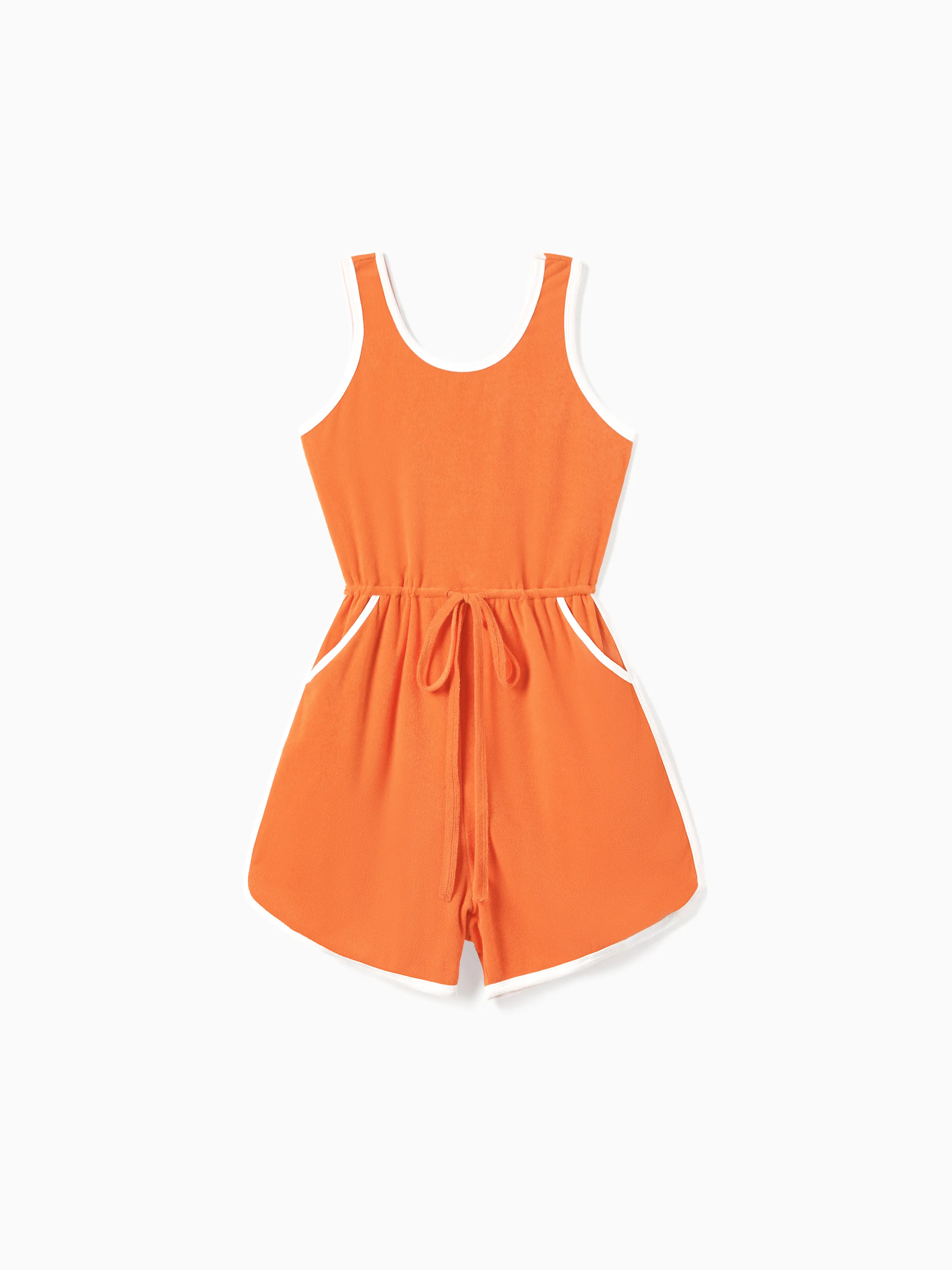 

Mommy and Me Orange Towel Fabric Romper with Pockets and Drawstring