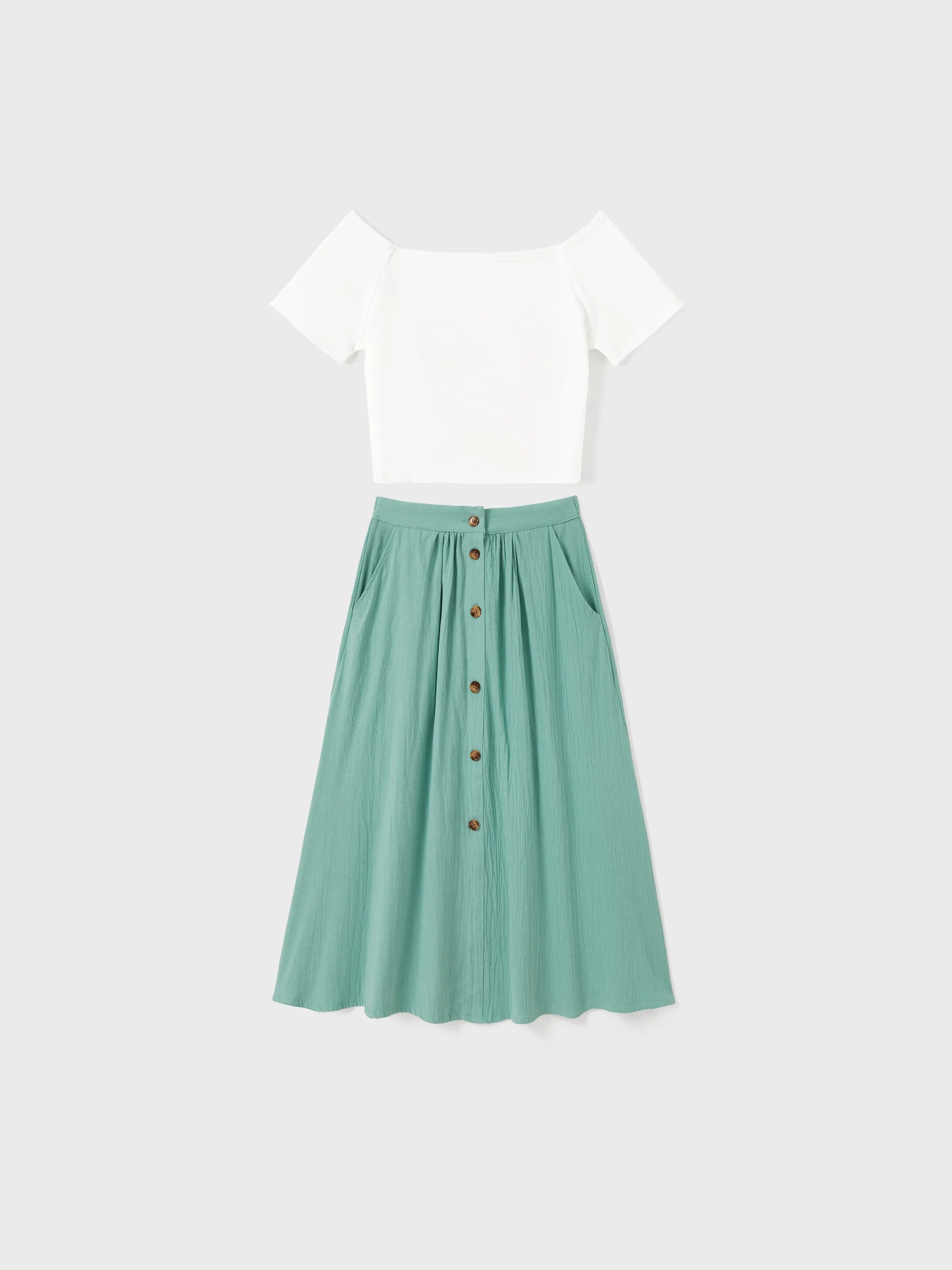 

Family Matching Sets Slogan Tee or White Top Mint Green Button Skirt with Pockets Co-ord Sets