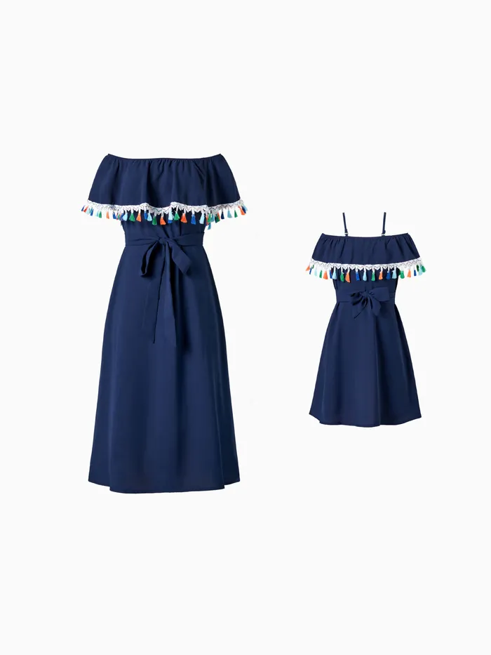 Mommy and Me blu navy off spalla nappa orlo A-Line Beltted Dress