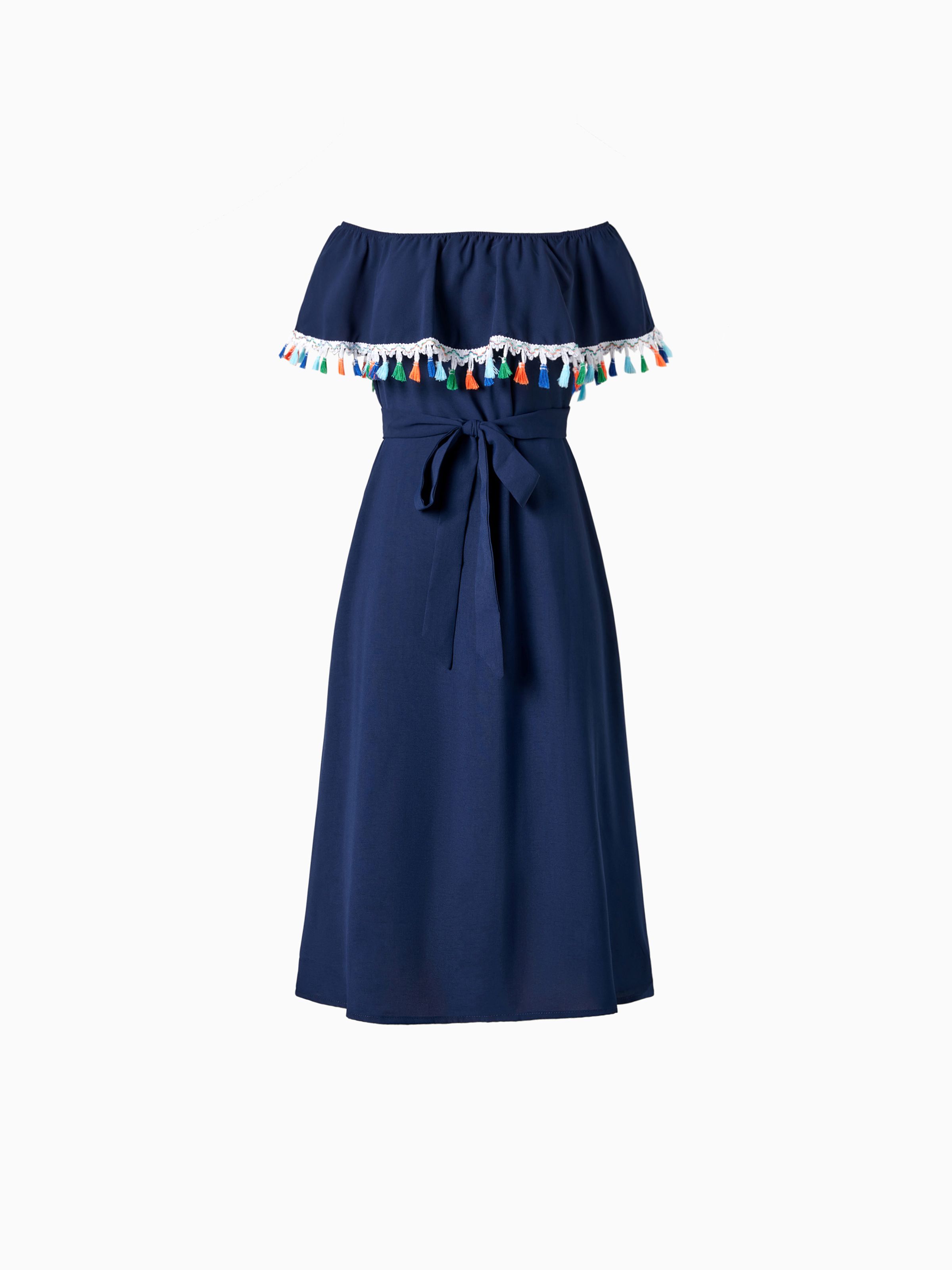 

Mommy and Me Navy Blue Off Shoulder Tassel Hem A-Line Belted Dress