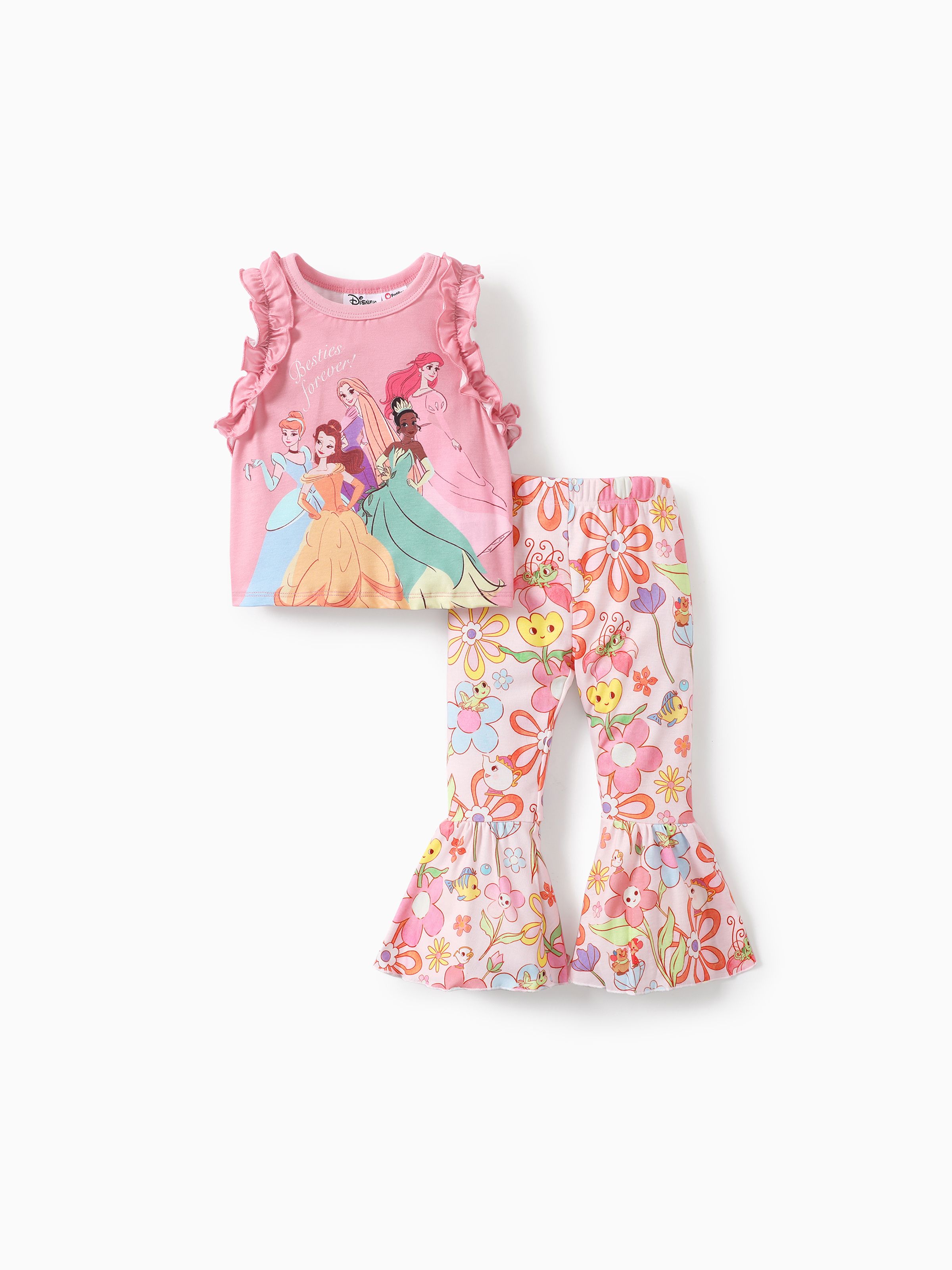 迪士尼公主 2 件套幼兒女孩荷葉邊吊帶背心與花卉圖案緊身喇叭褲甜美復古套裝