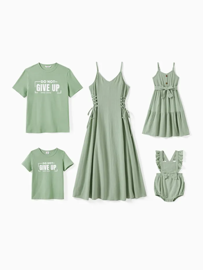 Family Matching Light Green Slogan Tee and Lace sides Strap Dress Sets
