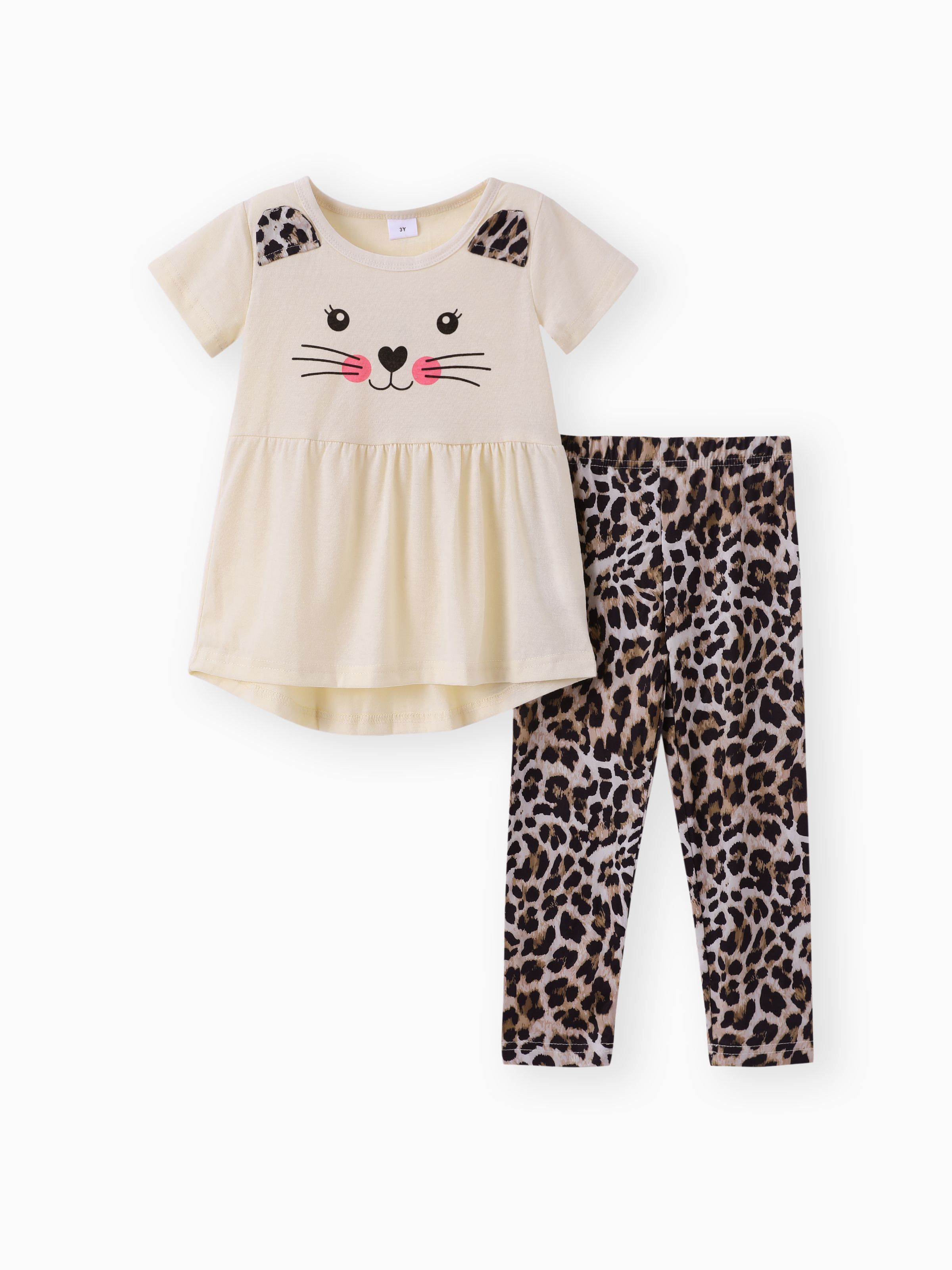 2件 女童 豹紋&動物圖案&貓 幼童套裝