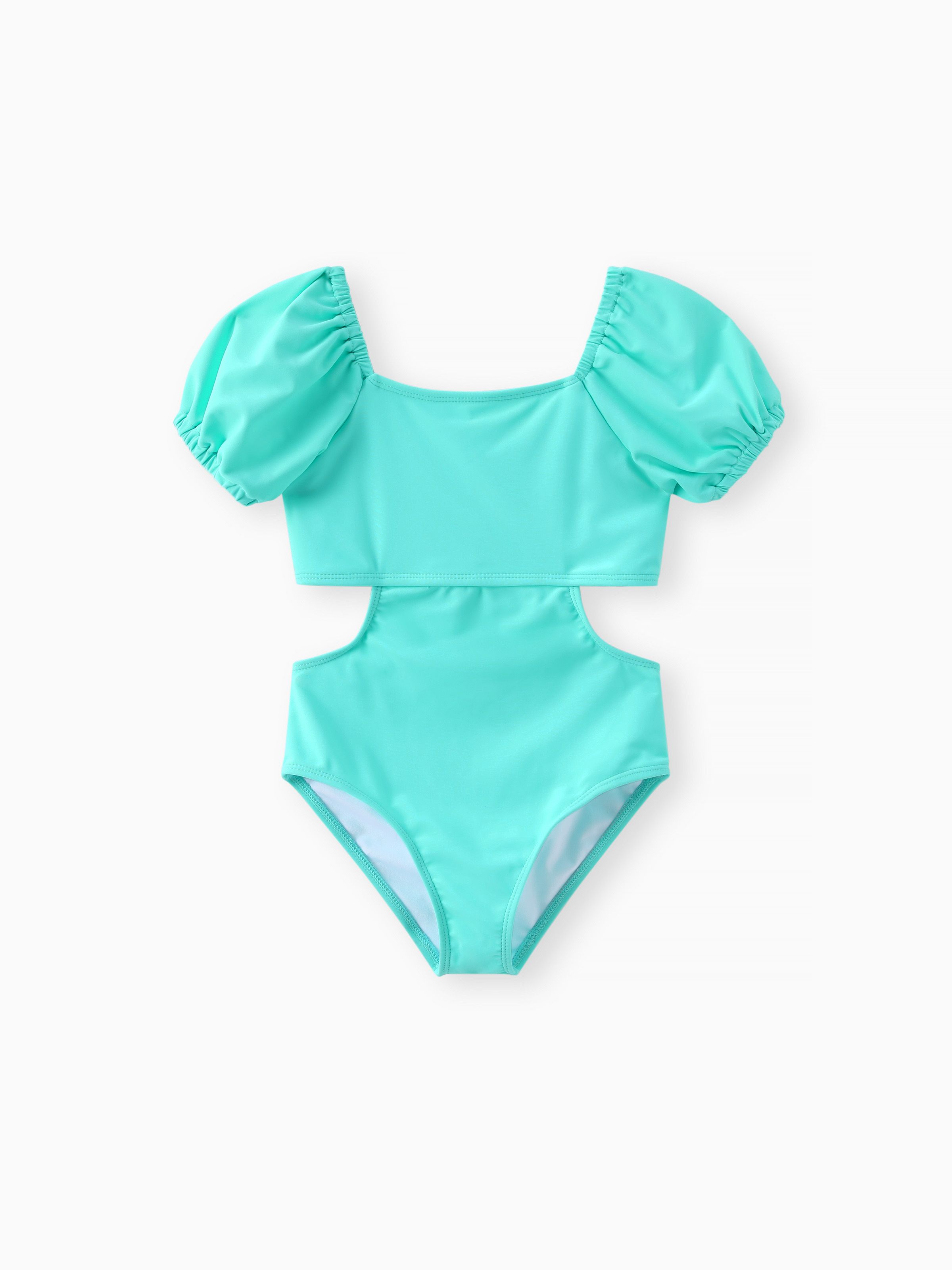 

Sweet Puff Sleeve Girls' Swimwear Set in Solid Color Chinlon and Spandex Material