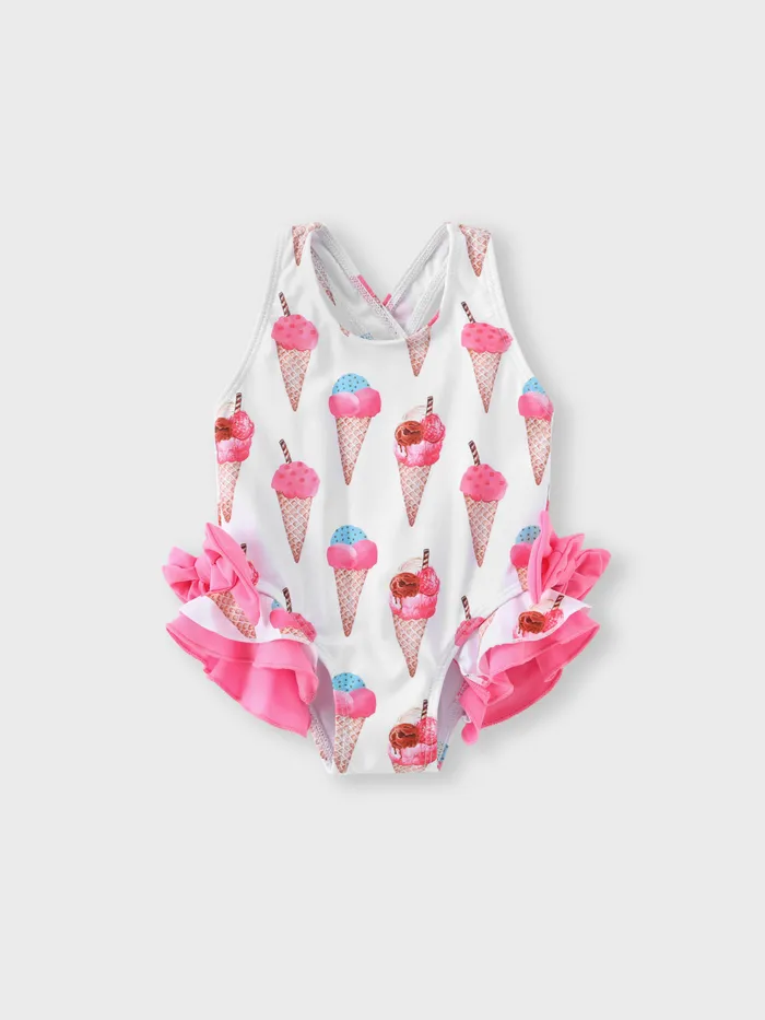 Baby Girl Allover Ice Cream Cone Print Ruffle Trim One-piece Swimsuit