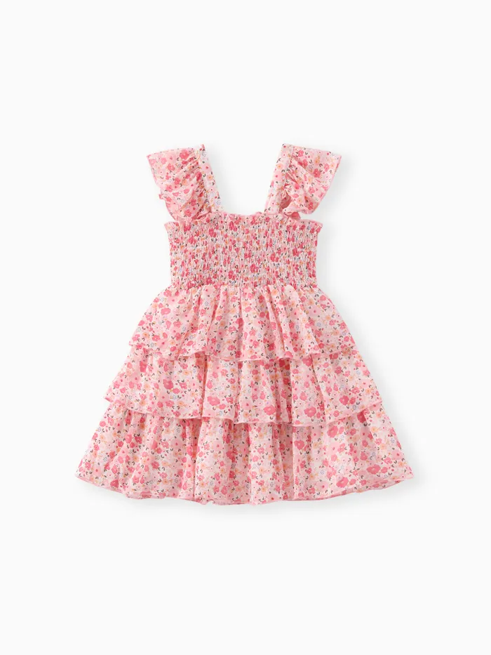 Toddler Girl Sweet Floral Print Smocked Ruffled Sleeveless Dress