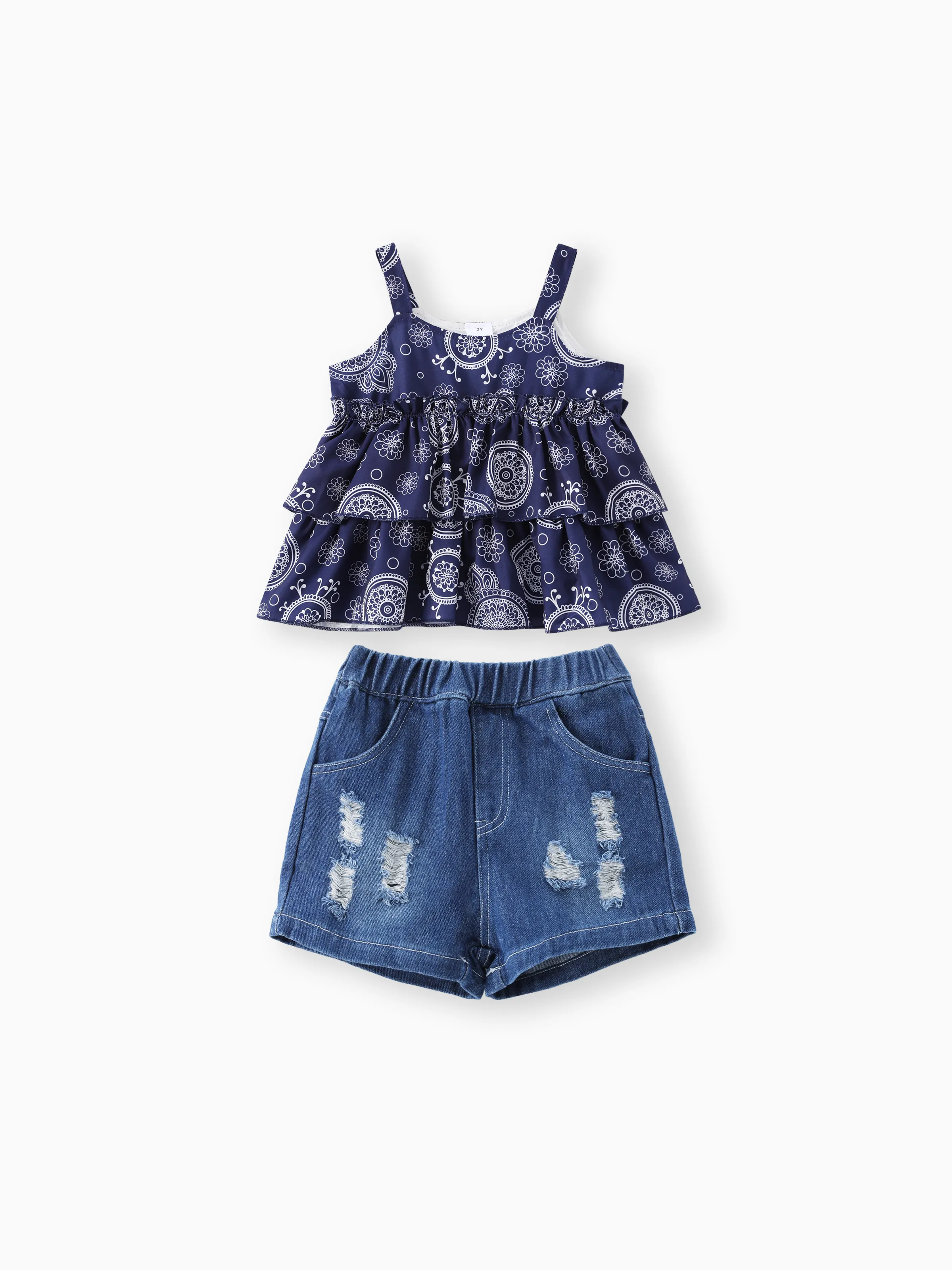 

2pcs Toddler Girl Boho Ripped Denim Shorts and Exotic Graphic Camisole Set