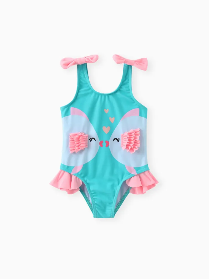 Baby Girl Fish Print Bow Decor Ruffle Trim One-piece Swimsuit